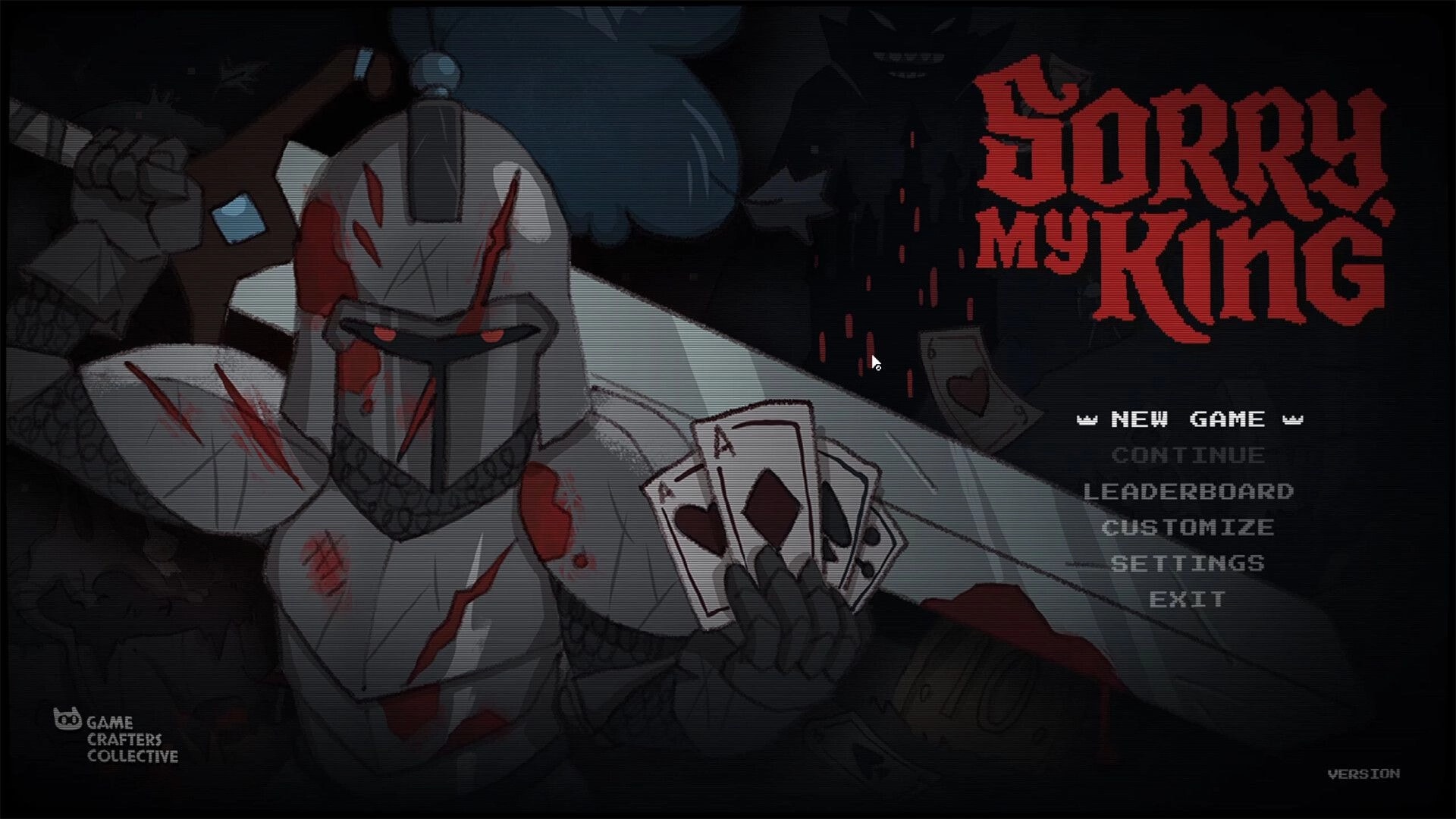 Sorry, My King: Main menu with armored knight holding playing cards in a dark bloodstained scene.
