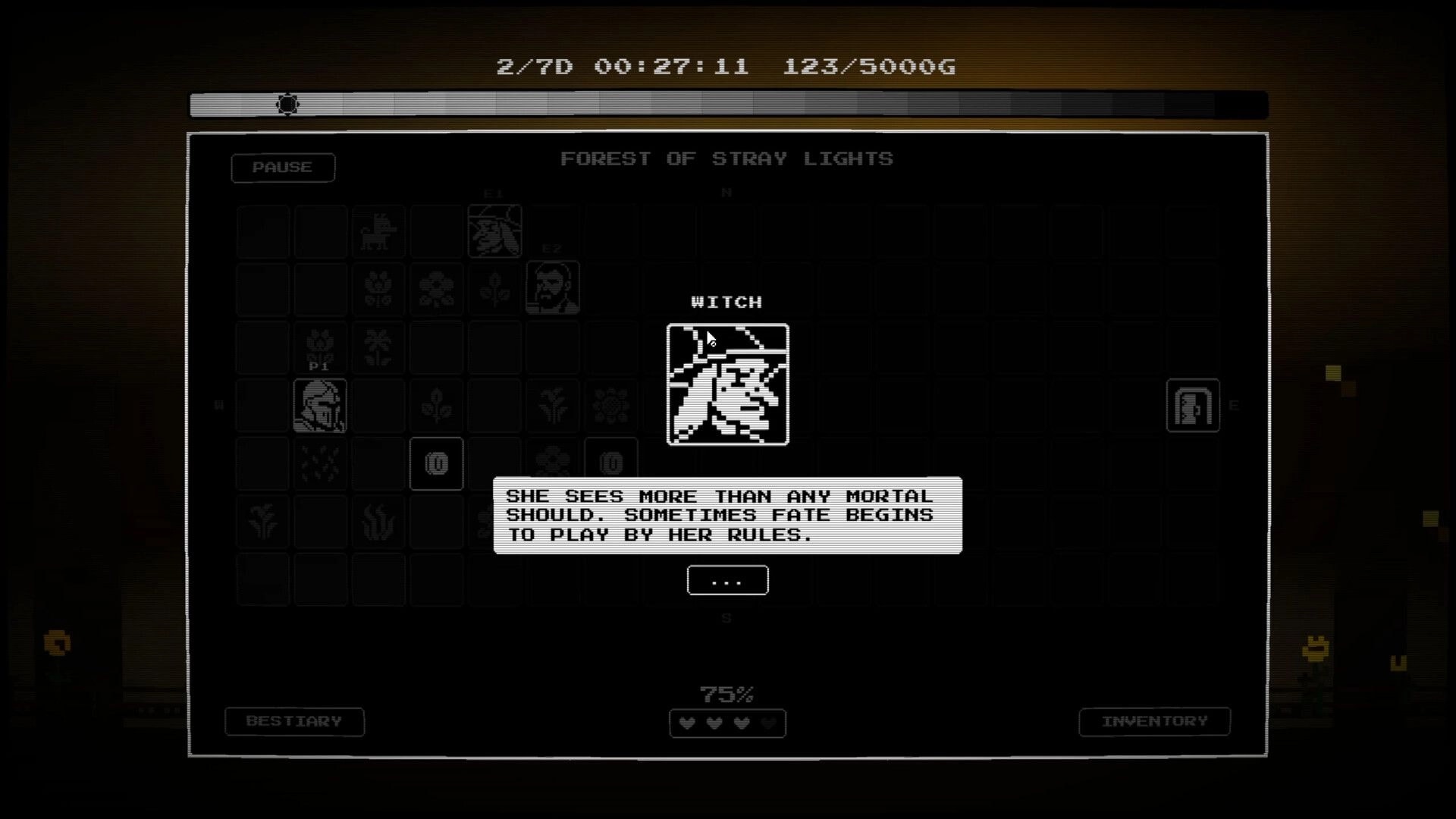 Sorry, My King: Witch bestiary entry popup over Forest of Stray Lights map with time and gold UI bar.