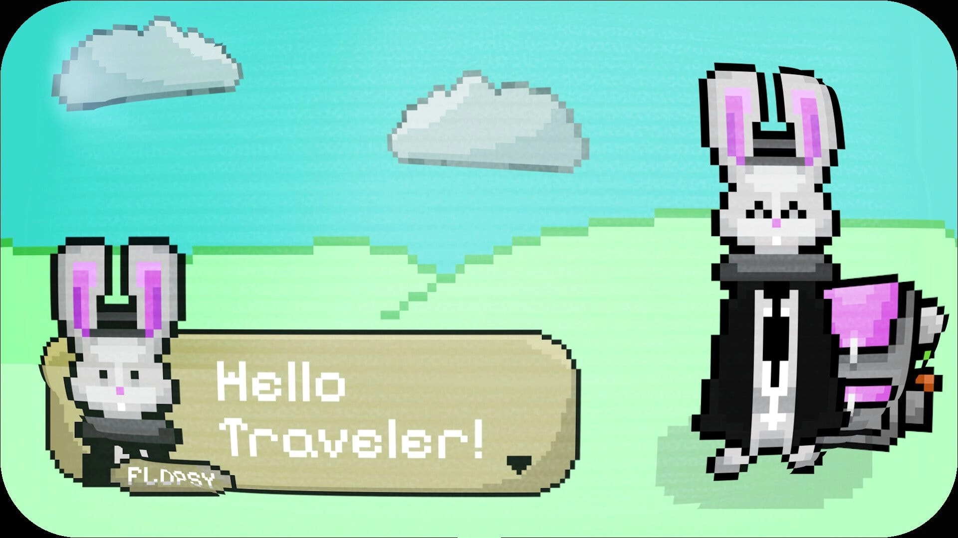Soul Containers: Pixel rabbit NPC dialogue box reading Hello Traveler! on grassy hills under clouds.