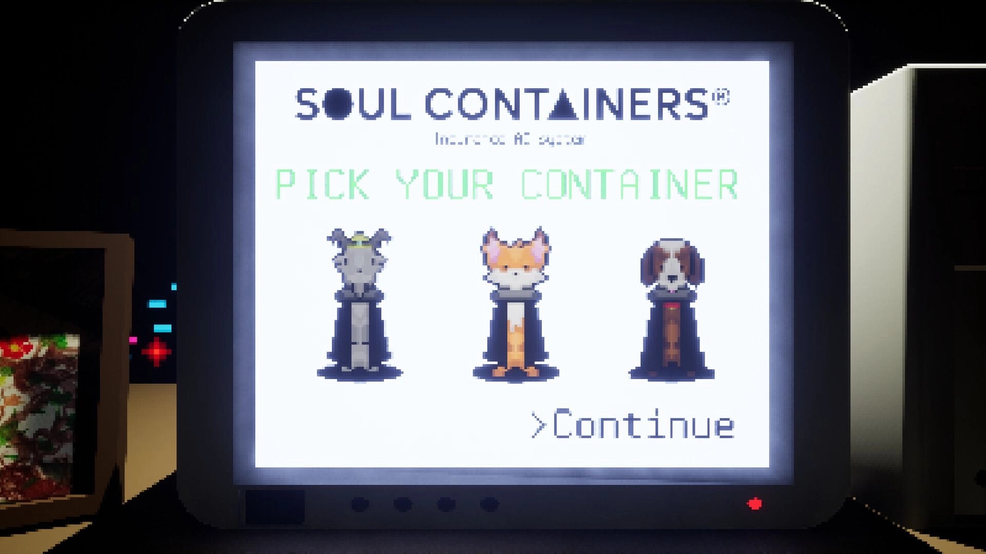 Soul Containers: Pick your container menu with goat, fox, and dog avatars on a CRT monitor screen.