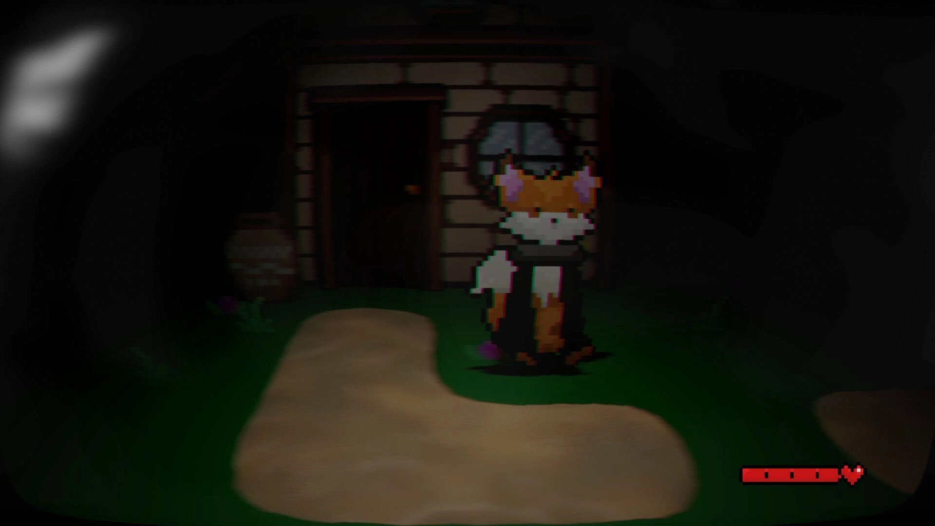Soul Containers: Fox-like NPC stands by a stone house door at night, heart health bar visible bottom right.