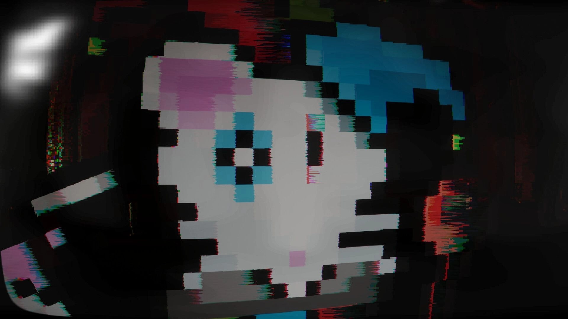 Soul Containers: Glitching pixel cat face fills screen amid heavy distortion and dark background noise.