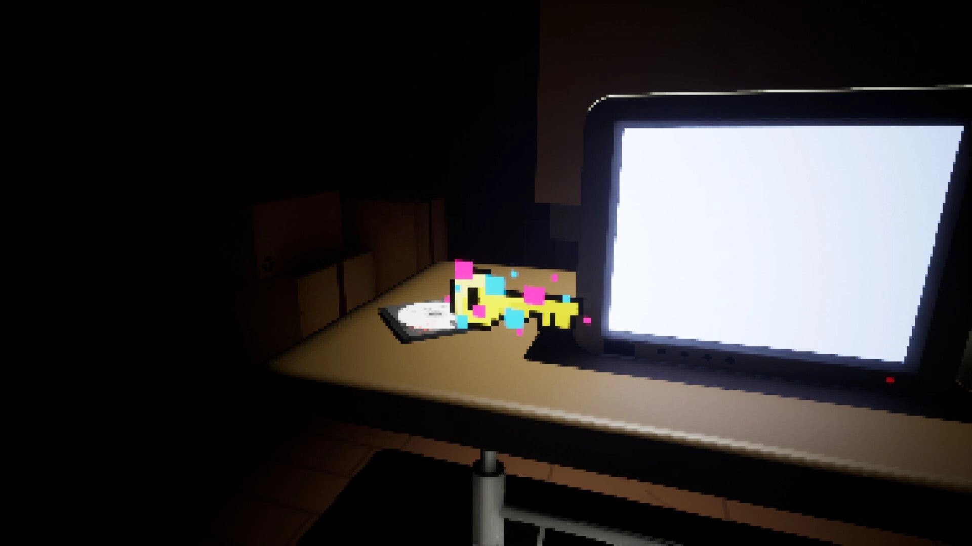 Soul Containers: Glitching yellow key beside a disc on a desk, facing a blank CRT in dark room.