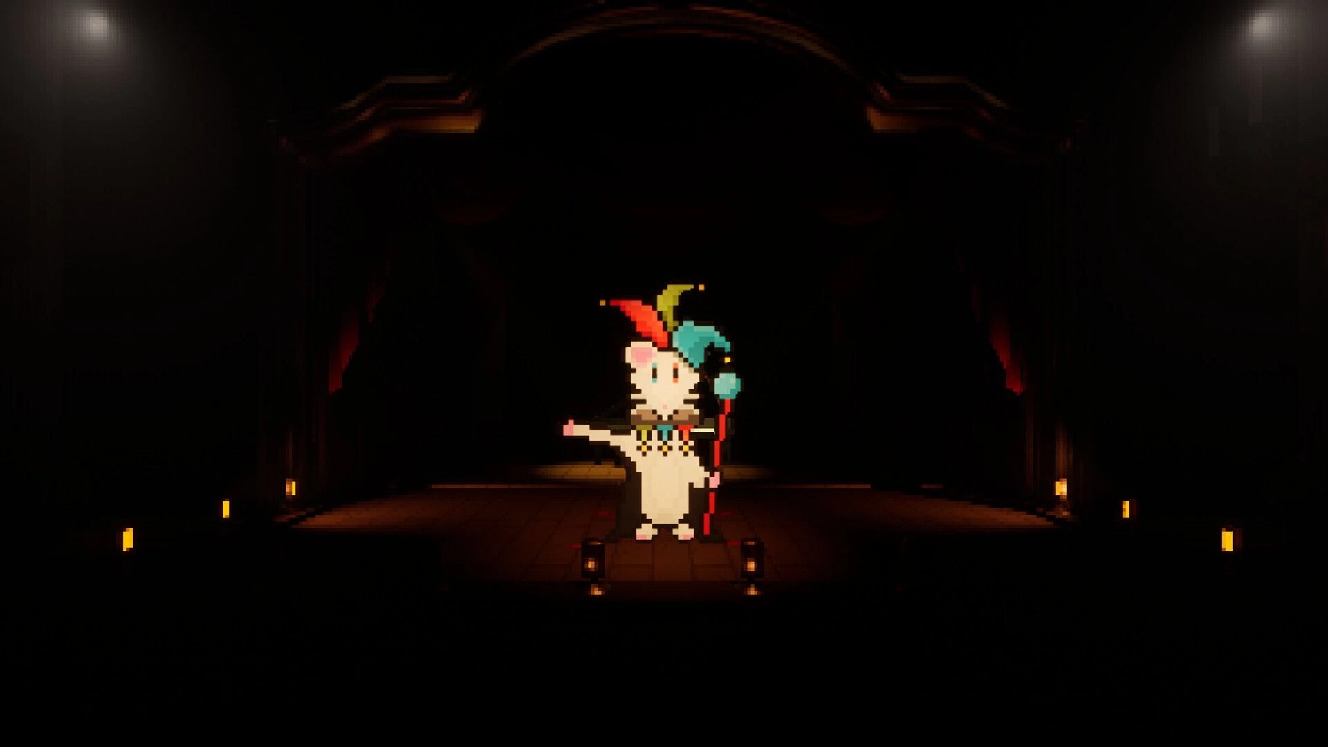 Soul Containers: Pixel jester cat points forward on a dim stage lit by candles in a shadowy hall.