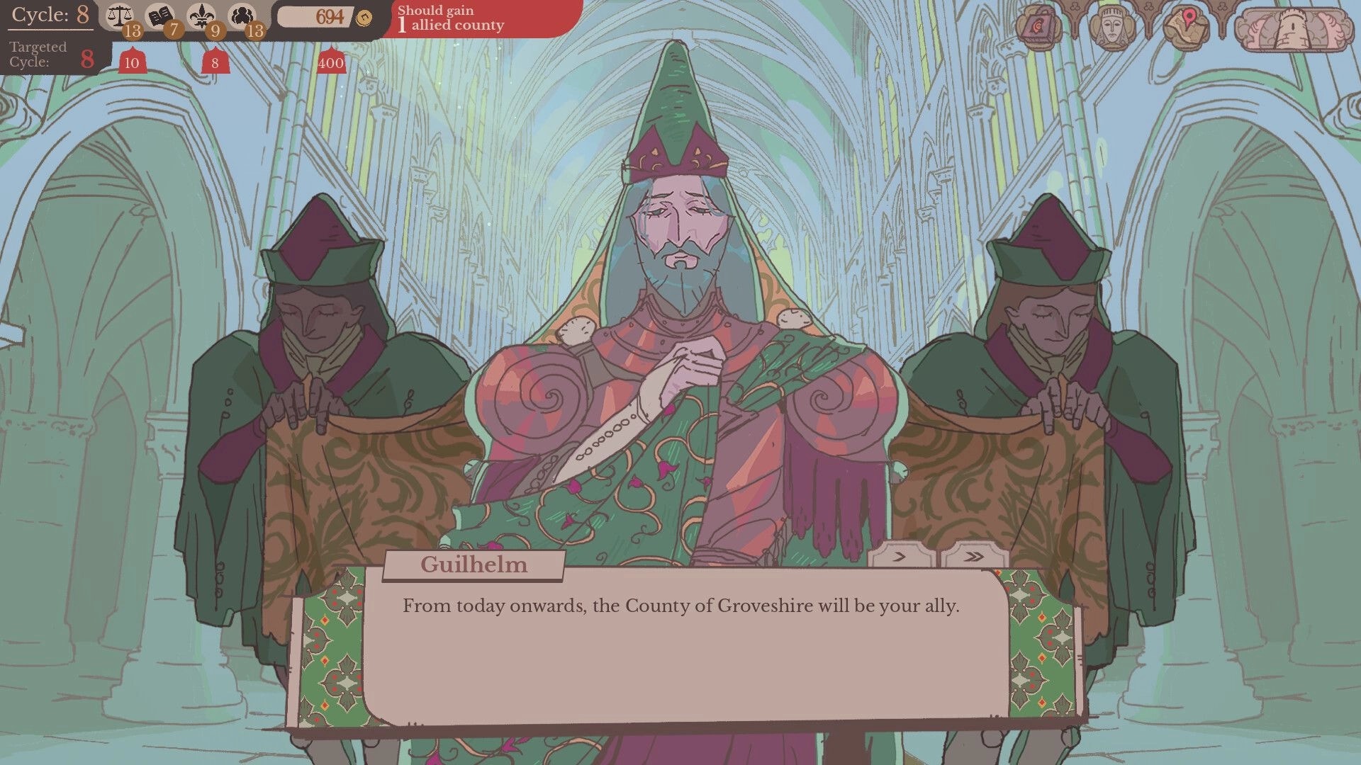 Sovereign Tower: Guilhelm dialogue scene with two guards in a vaulted cathedral hall and cycle UI bar.