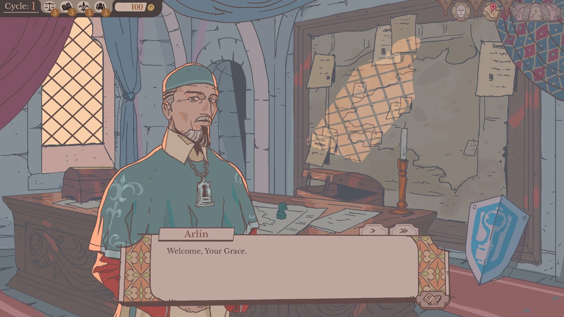 Sovereign Tower: Arlin greets you in dialogue UI inside a study with desk, map board, and window.