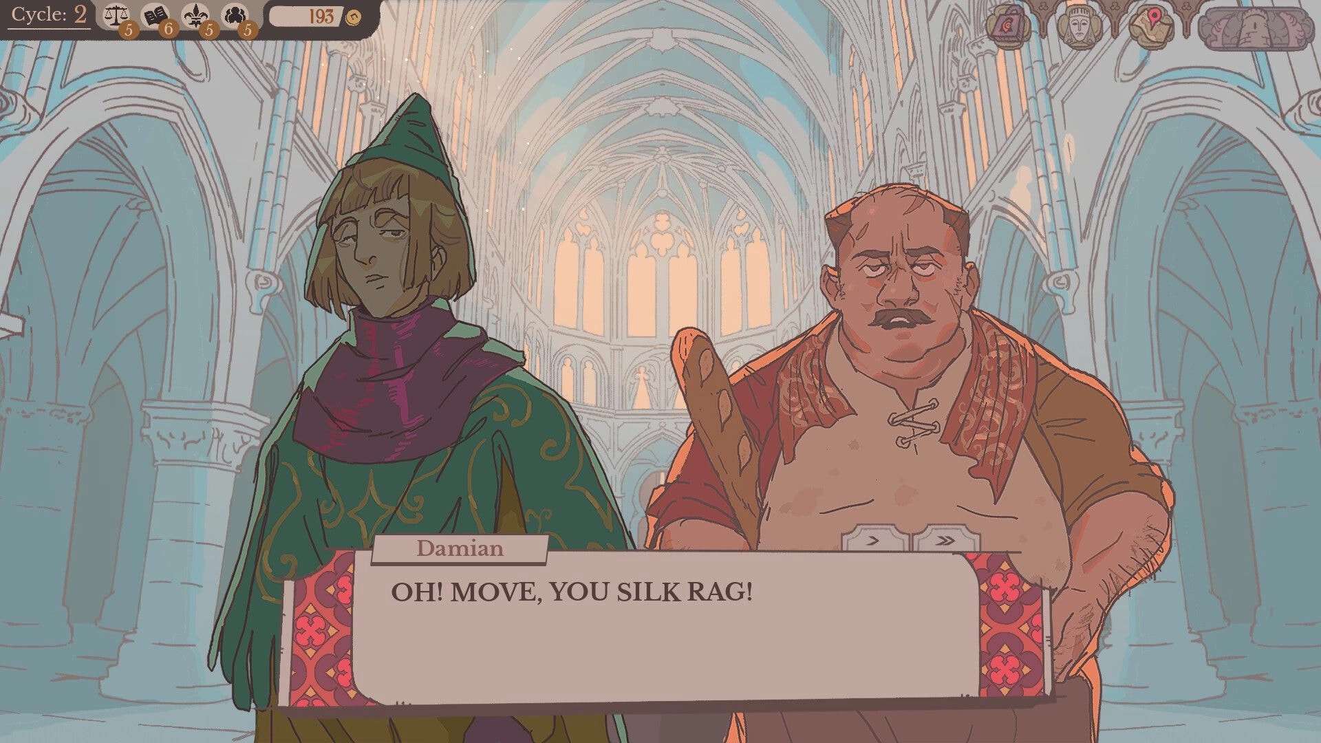 Sovereign Tower: Damian insults someone in dialogue box inside a grand cathedral hall UI with cycle 2 HUD.