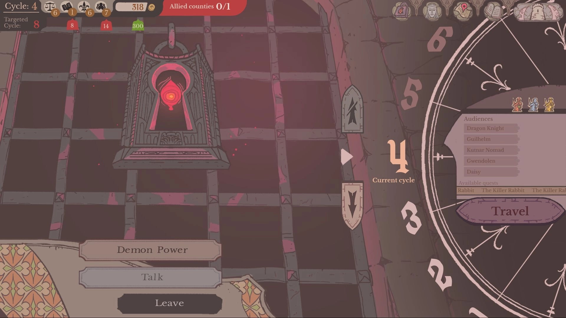 Sovereign Tower: Demon Power tower room with cycle wheel, audience list, and Travel quest menu UI.