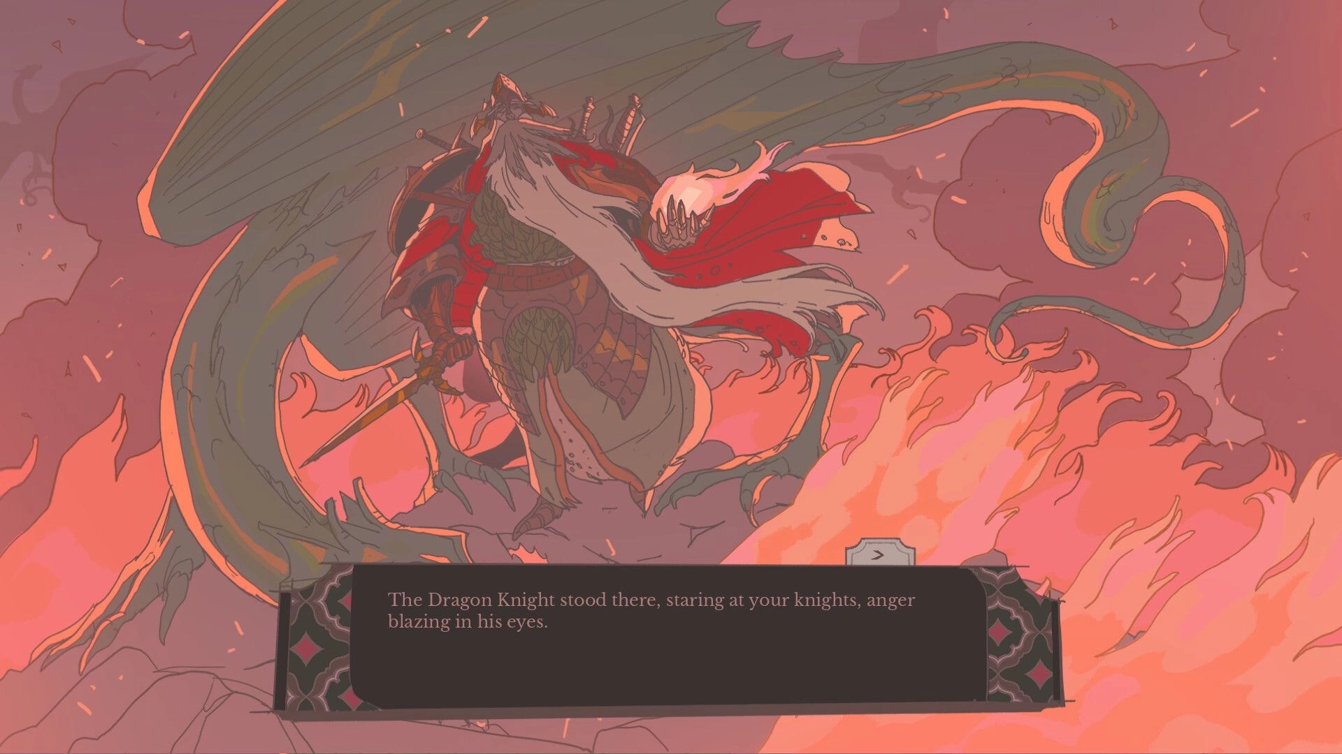 Sovereign Tower: Dragon Knight with wings and axe in flames, dialogue box narrating his anger.