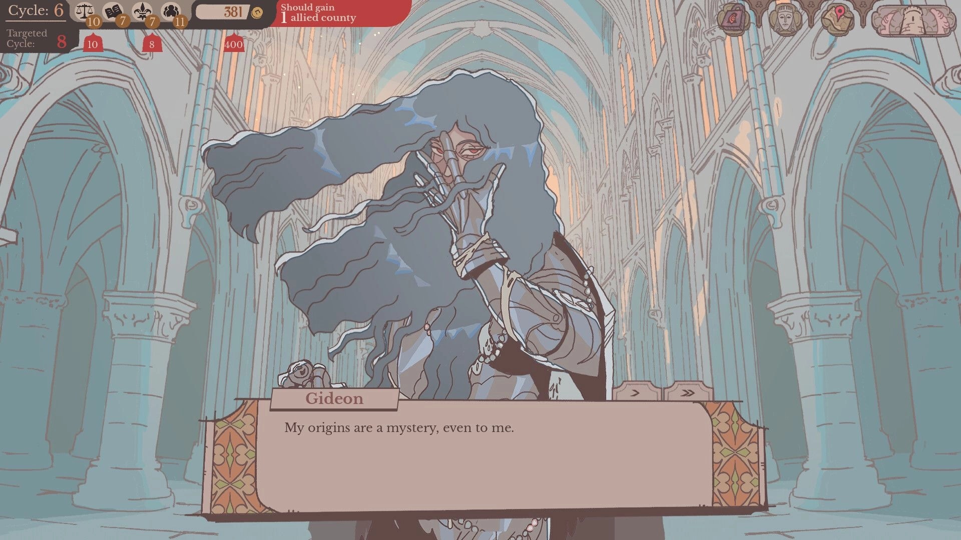 Sovereign Tower: Dialogue with Gideon in cathedral hall, UI shows cycle 6 and quest goal banner above.