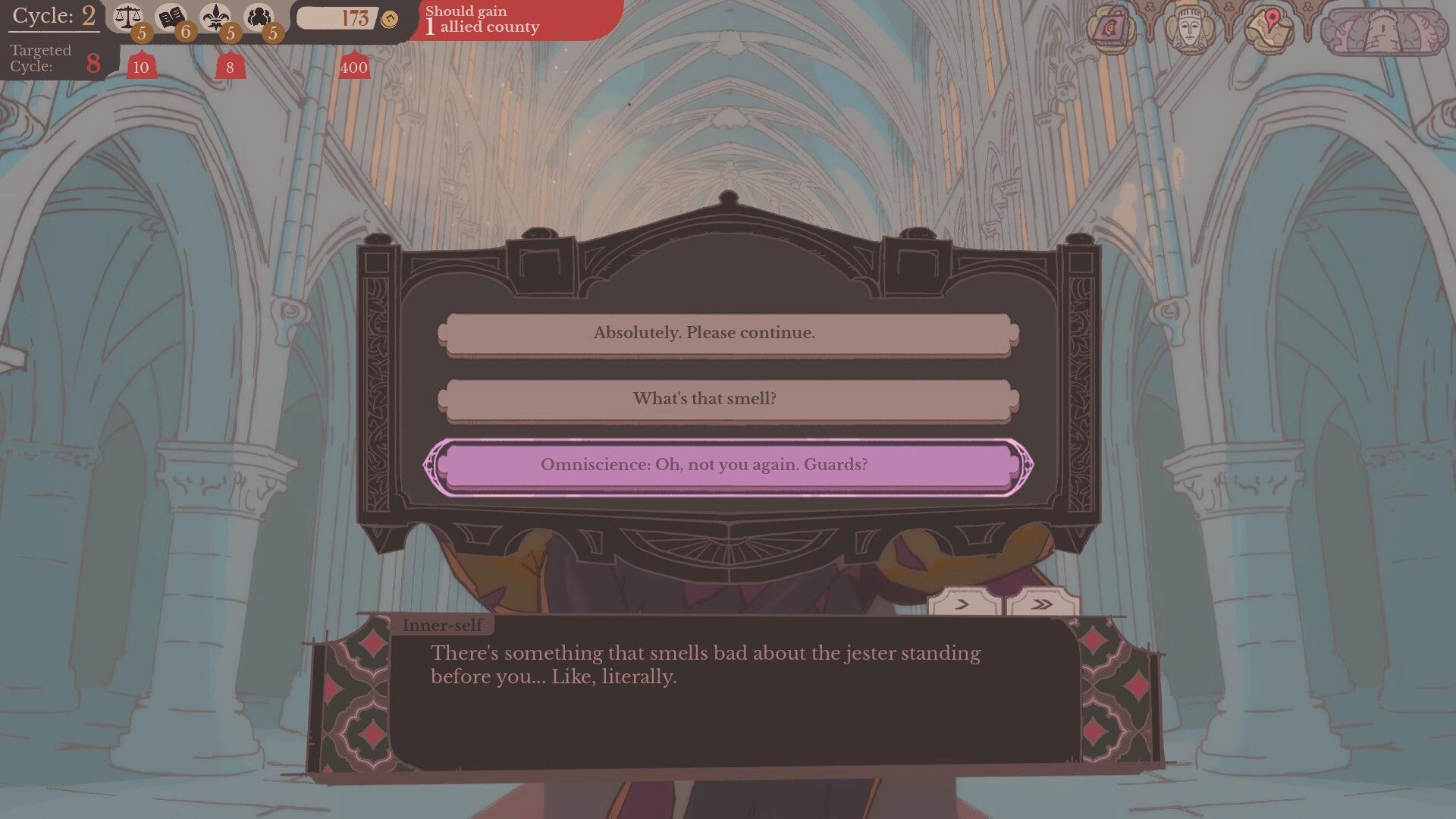 Sovereign Tower: Dialogue choice menu confronting Omniscience in a vaulted cathedral hall with UI counters.