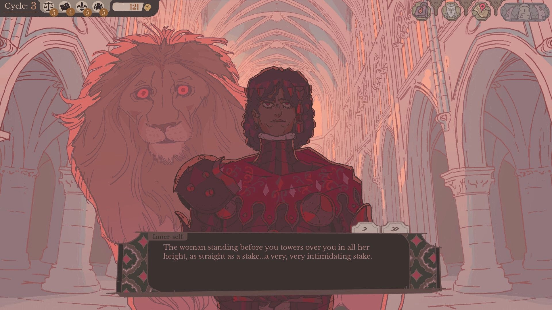 Sovereign Tower: Dialogue scene with armored woman and lion in glowing cathedral hall UI bars above.