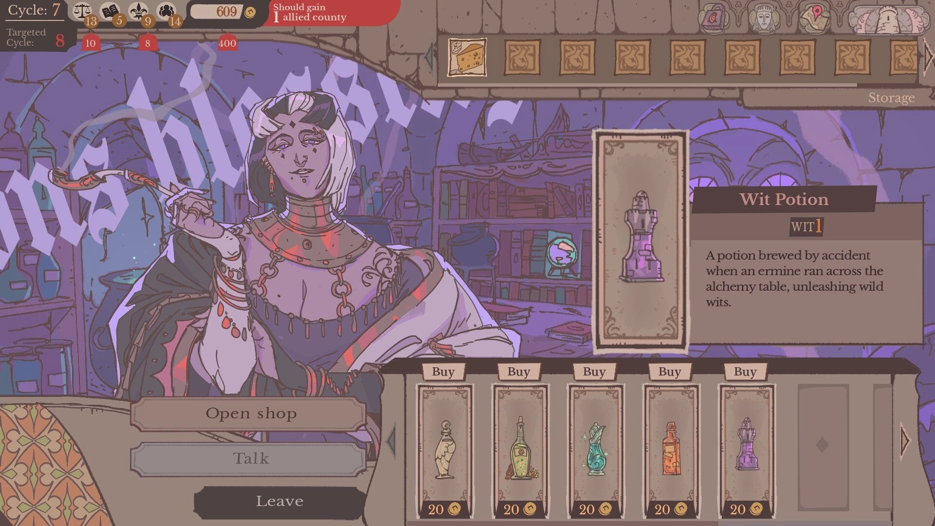 Sovereign Tower: Shop interface with potion vendor and Wit Potion details panel in alchemy room.