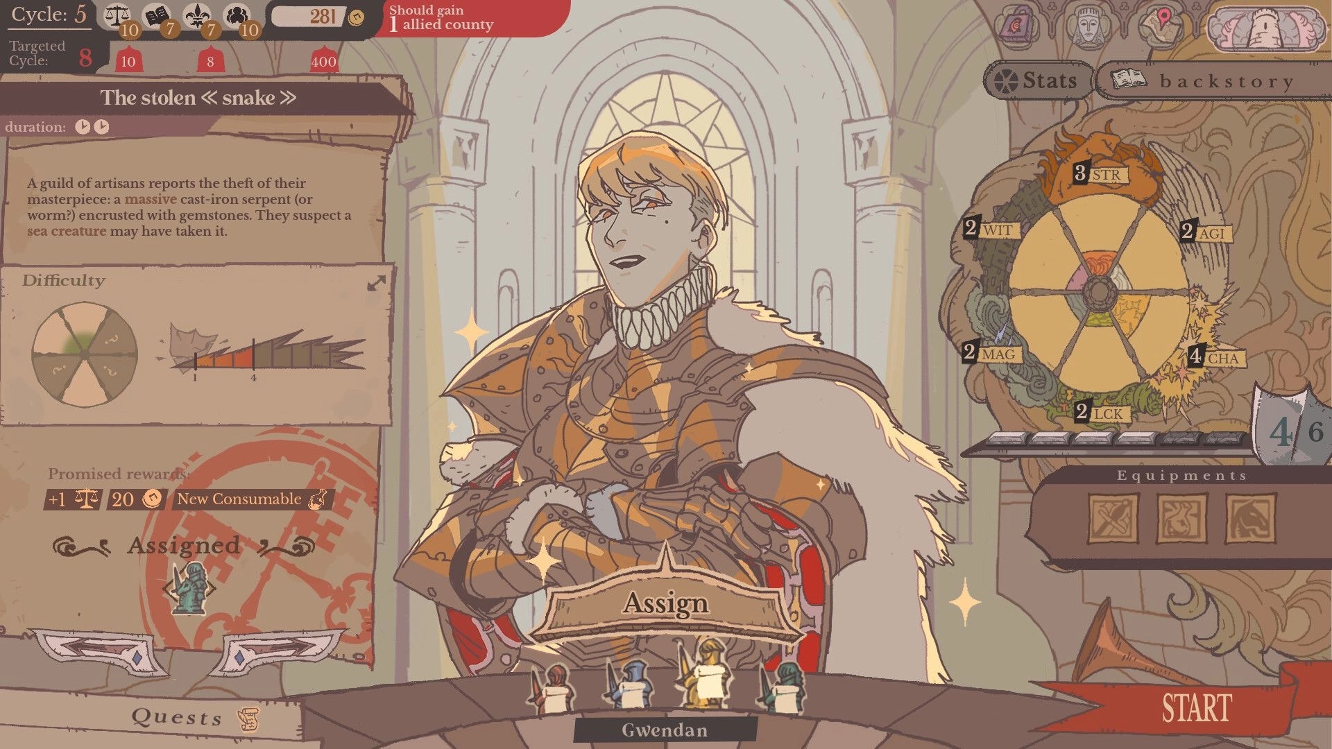 Sovereign Tower: Assigning knight to “The stolen snake” quest with stats wheel and Start button UI in hall.