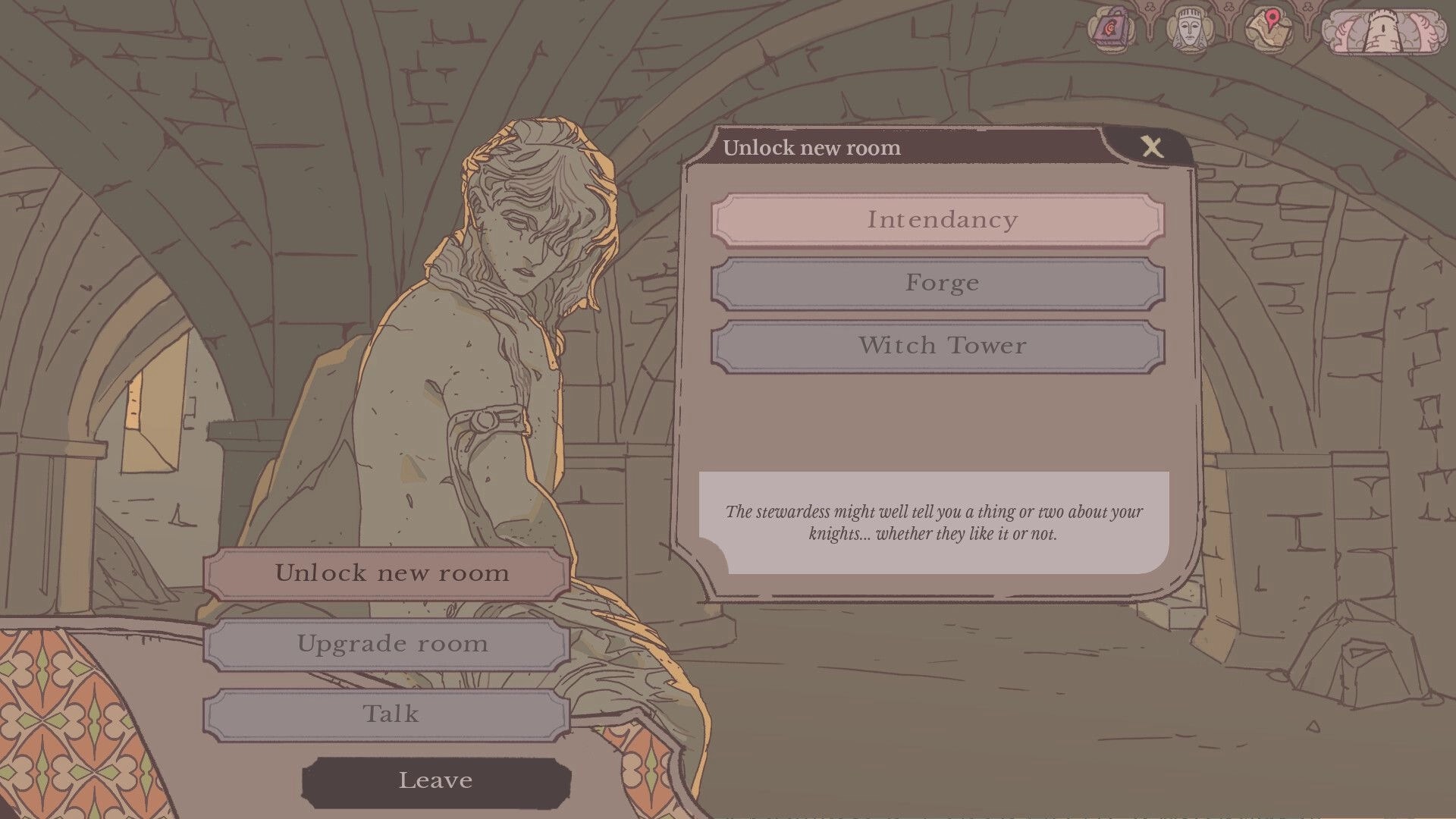 Sovereign Tower: Unlock new room menu with Intendancy, Forge, Witch Tower in stone hall UI.
