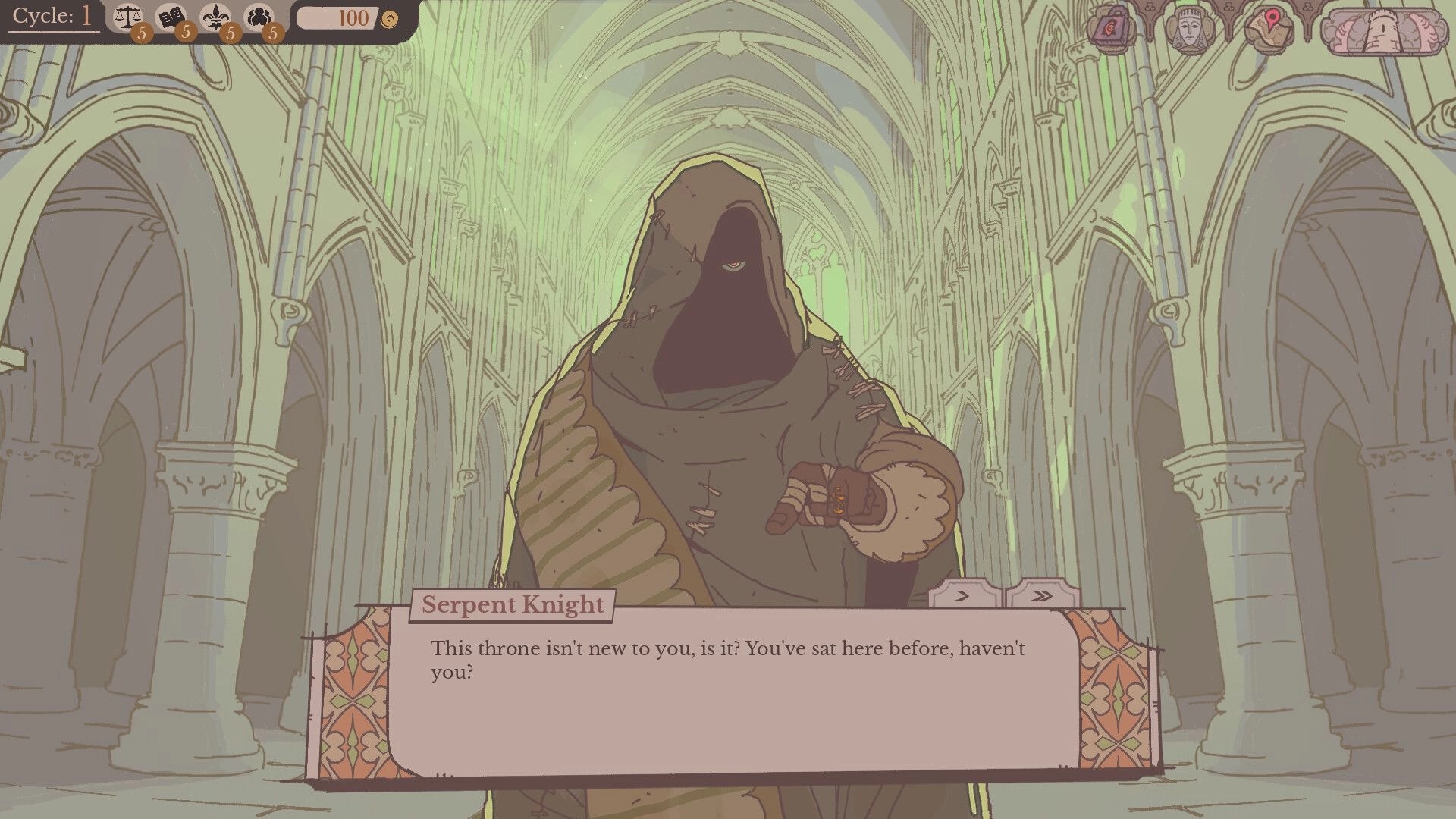 Sovereign Tower: Serpent Knight dialogue scene in a vaulted cathedral hall with cycle and resource UI icons.