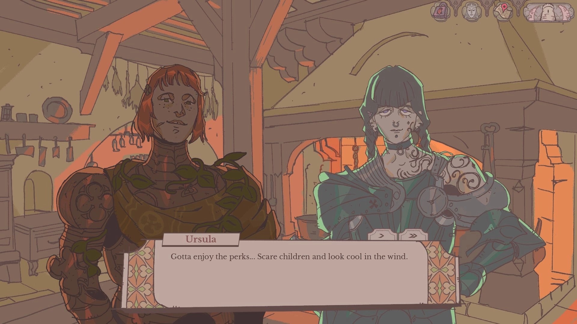 Sovereign Tower: Dialogue scene with Ursula and a tattooed knight in a warm-lit forge interior.