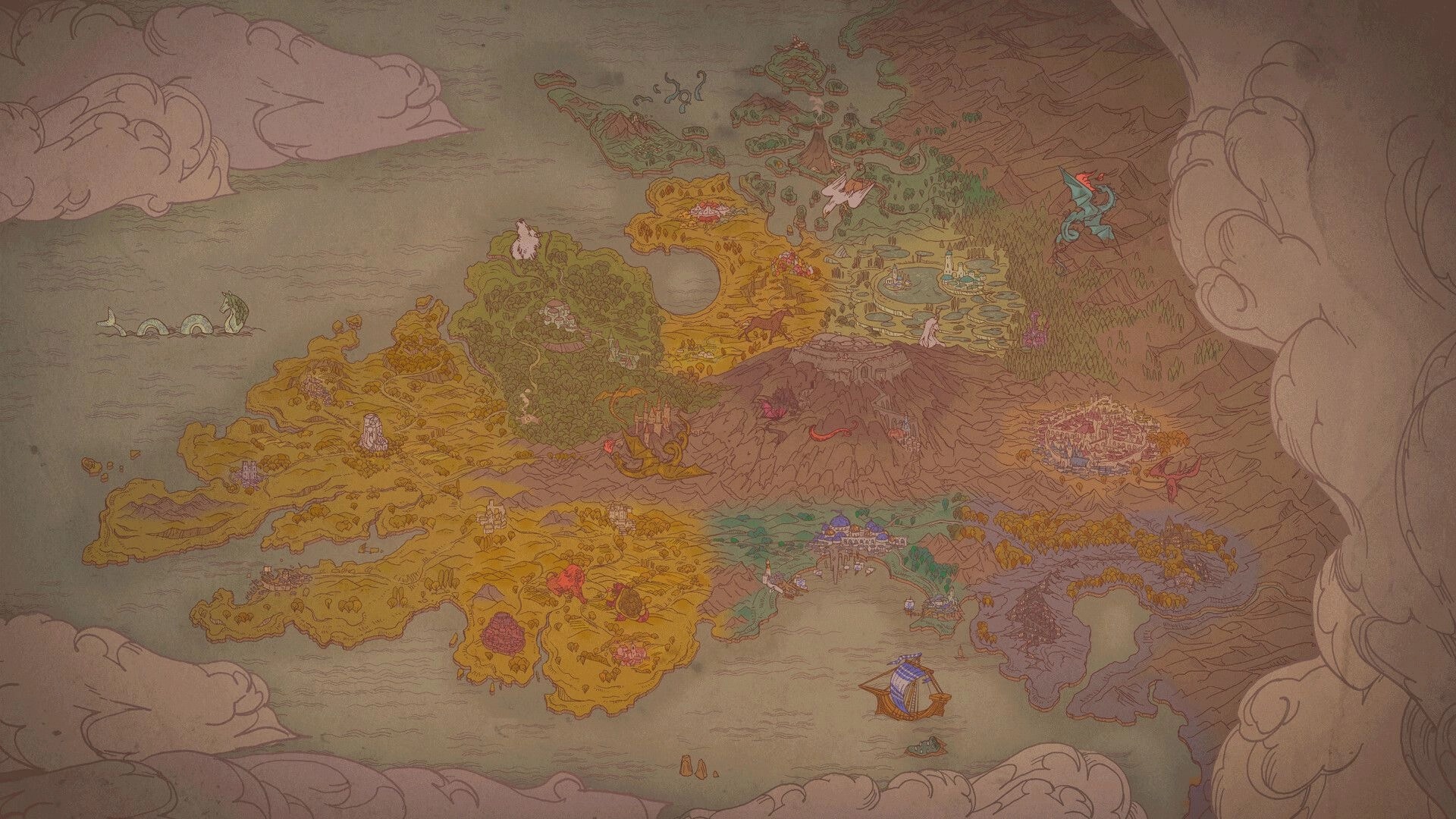 Sovereign Tower: Hand-drawn world map with regions, monsters, and ship icons on parchment backdrop.