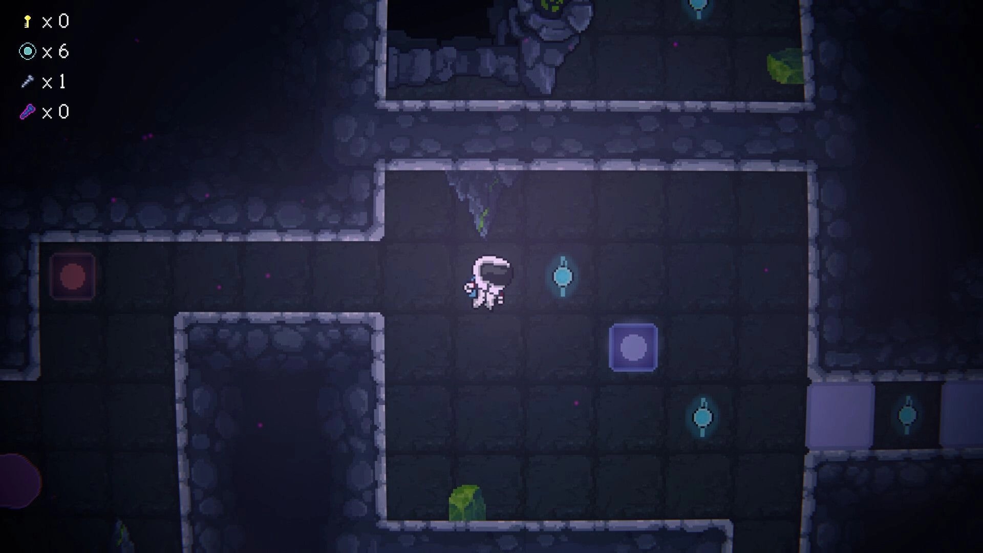 Space Revolver: Astronaut stands in stone corridor puzzle room with glowing nodes and movable blocks UI counters left.