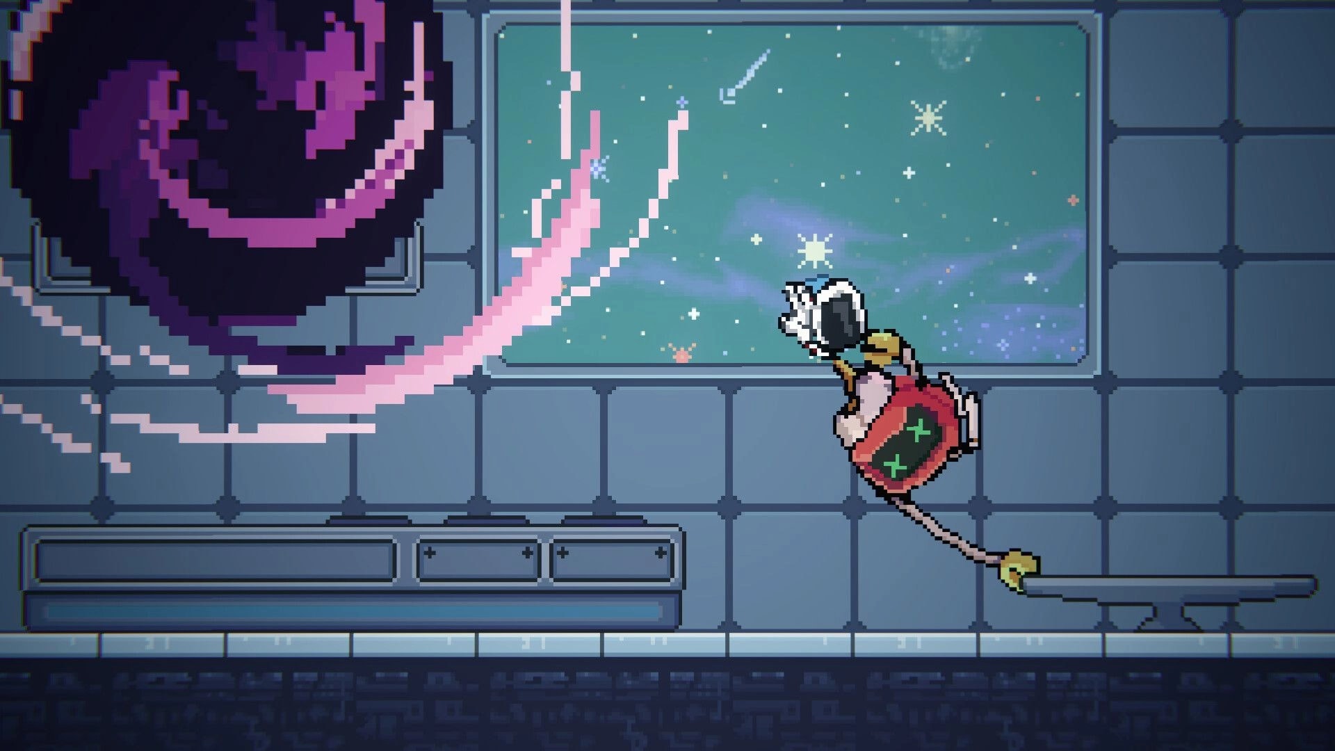 Space Revolver: Astronaut floats near a swirling purple black hole in a spaceship corridor by a window.