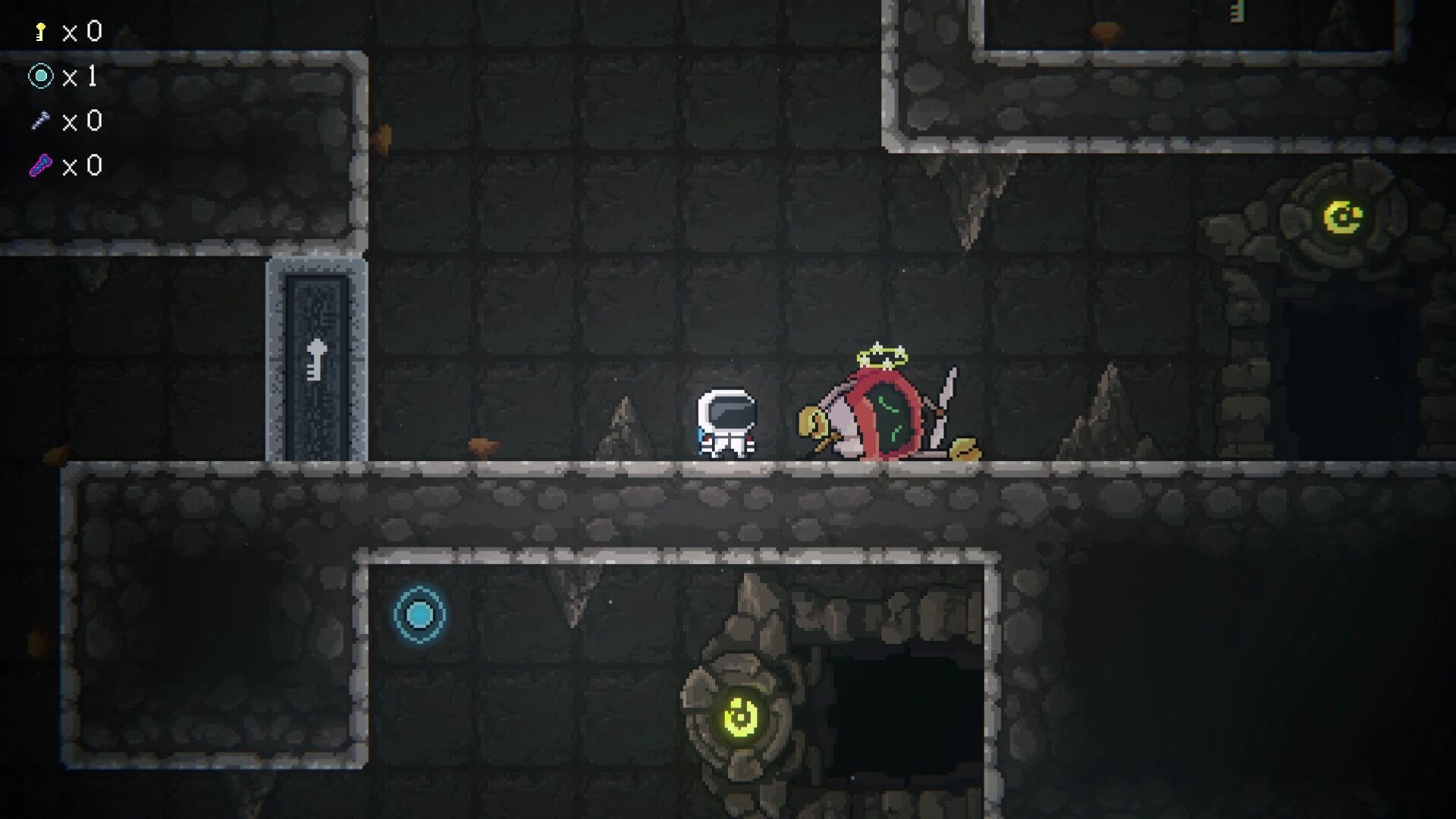 Space Revolver: Astronaut stands by a fallen red robot in stone tunnels with item counters on HUD.