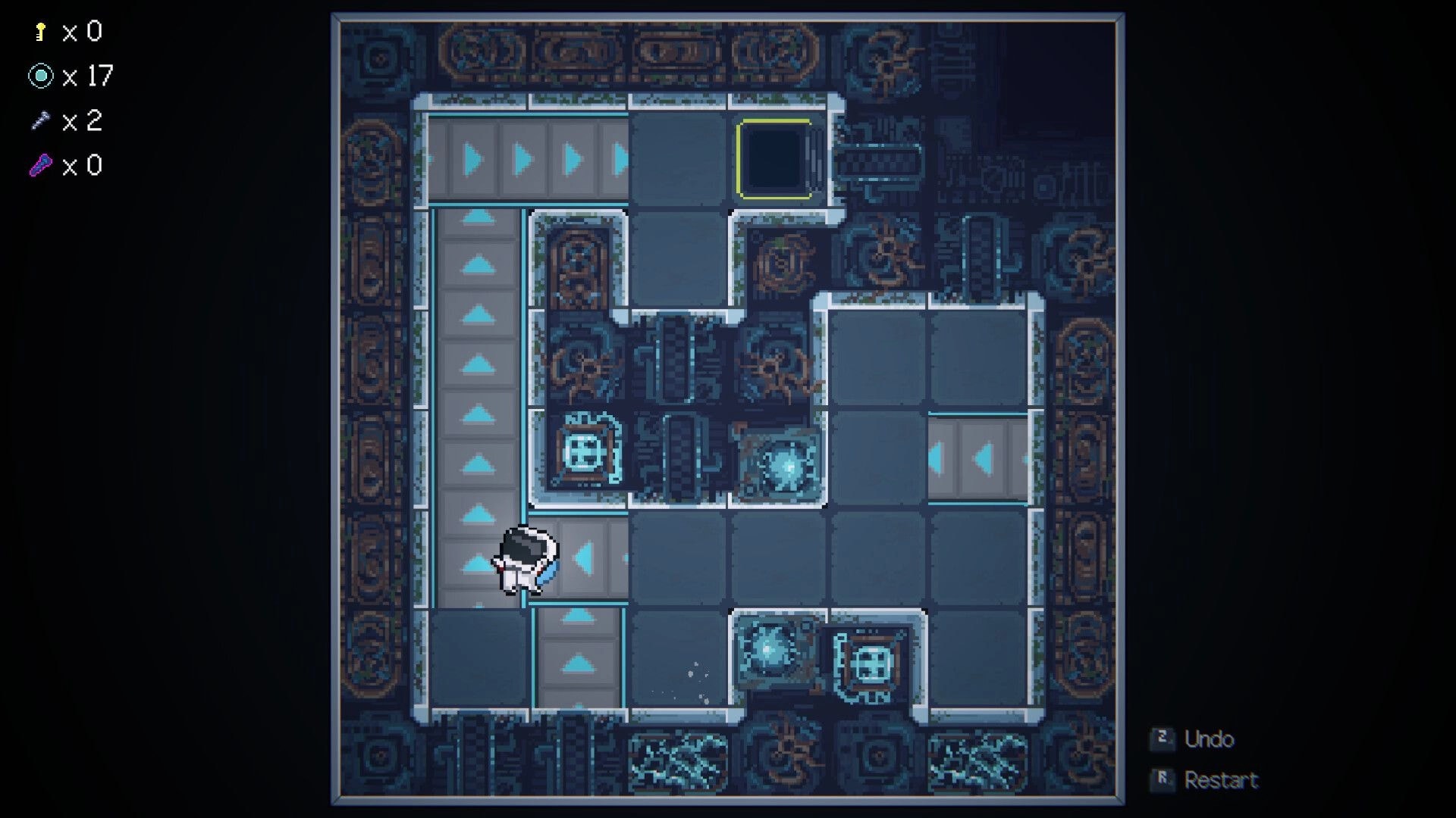 Space Revolver: Astronaut navigates arrow conveyor tiles in a top-down tech puzzle room with counters UI.