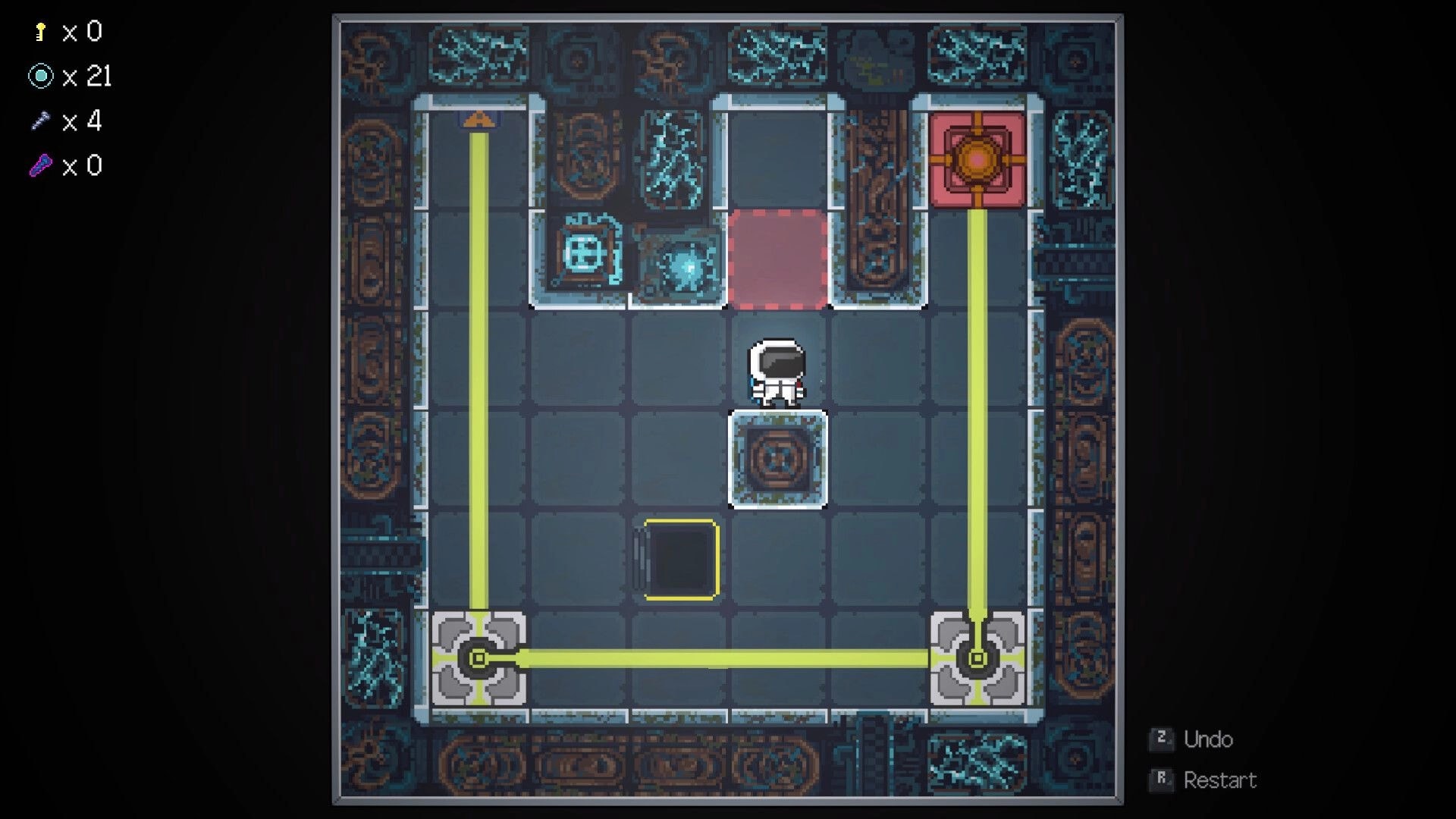 Space Revolver: Astronaut stands amid laser-beam puzzle grid in metallic room with counters and Undo UI.