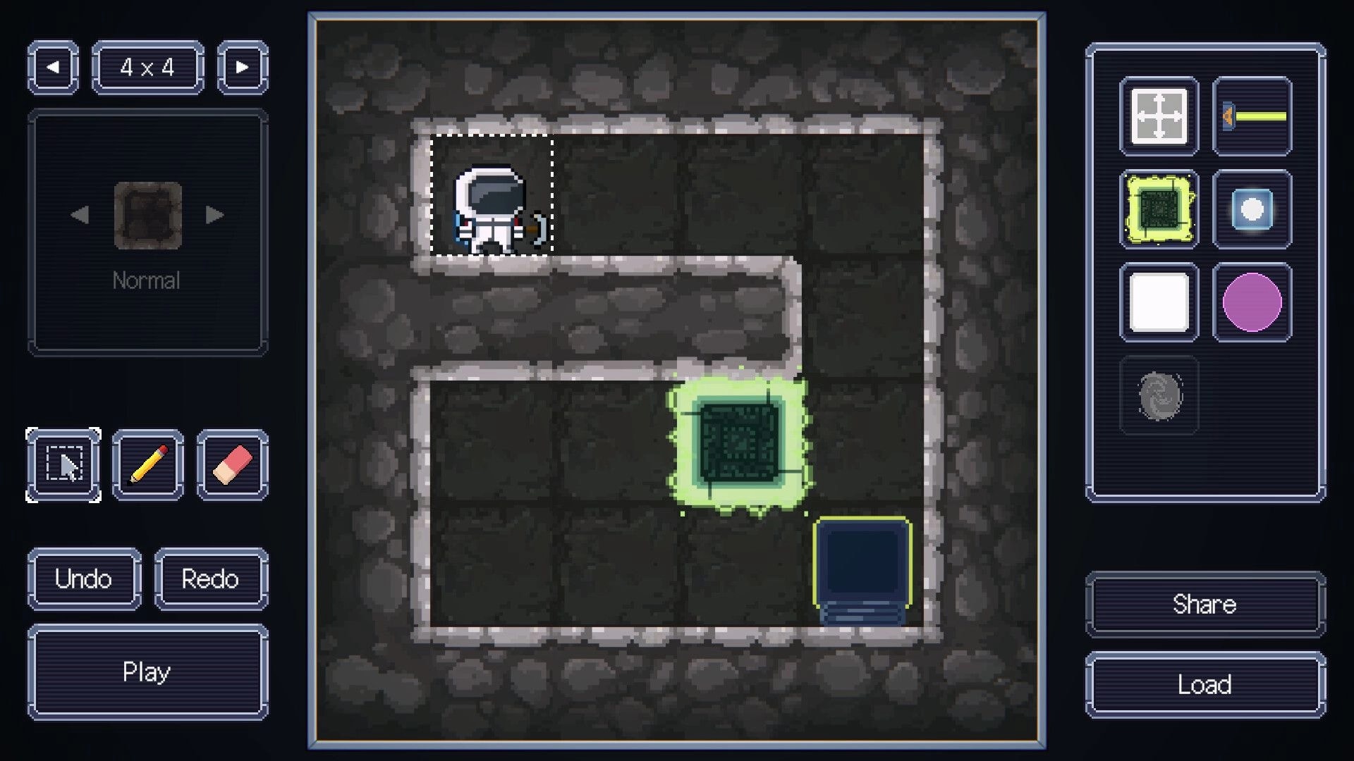 Space Revolver: Astronaut on tiled puzzle grid with glowing chip and UI tools in rocky room.