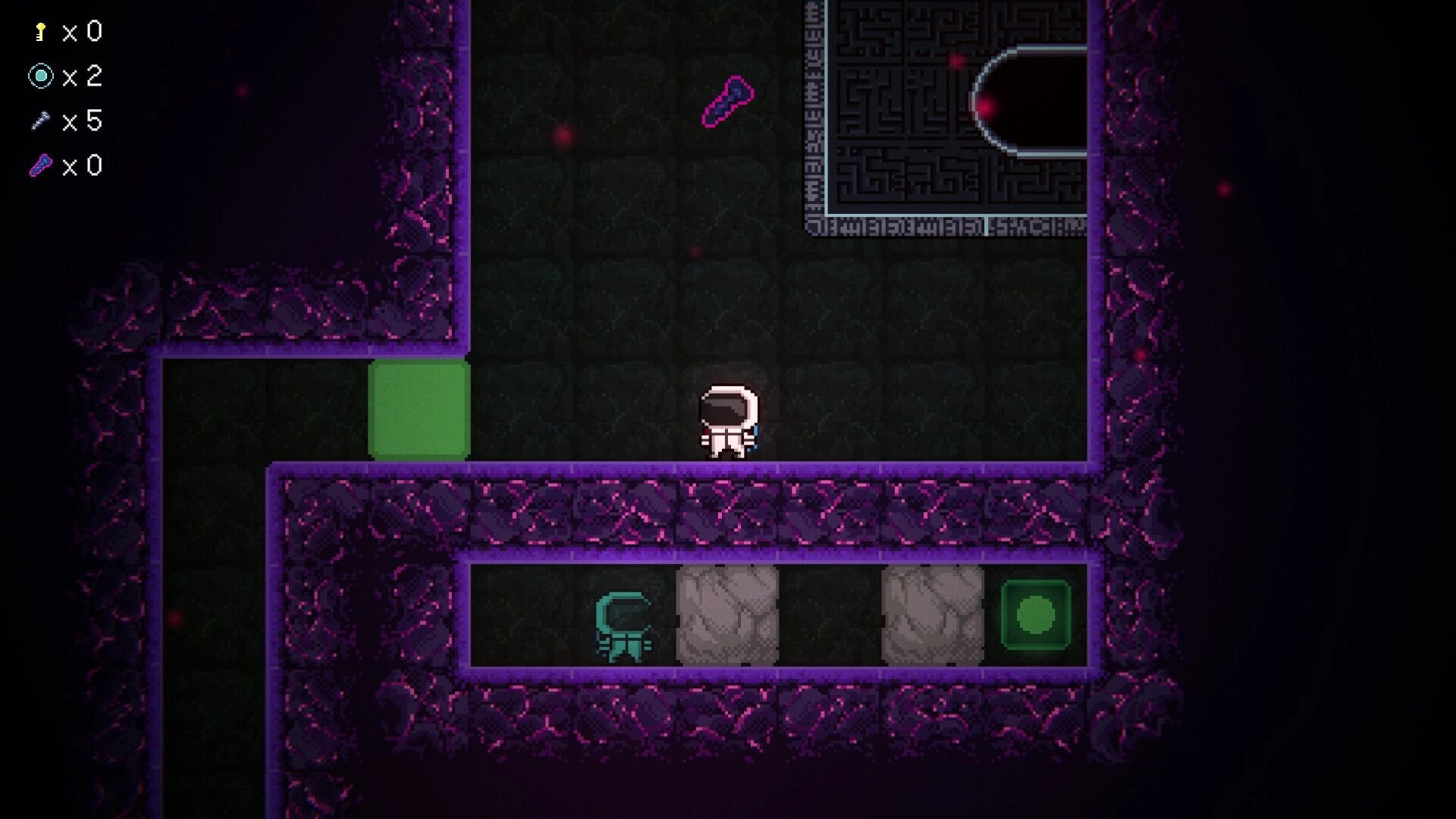 Space Revolver: Astronaut stands by green block in purple cavern maze, HUD item counters on left.