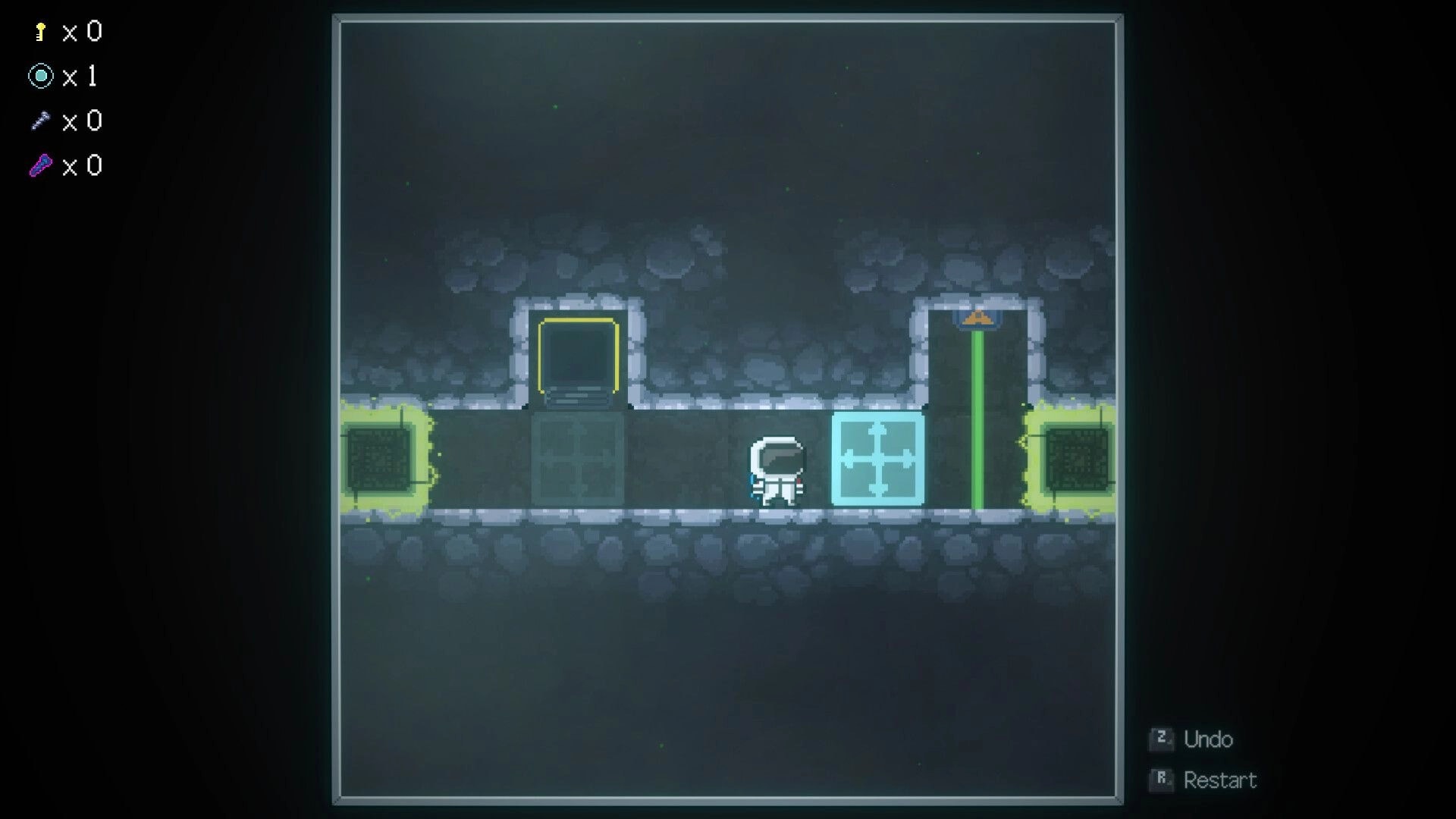 Space Revolver: Astronaut pushes a blue arrow block in a stone corridor with key and undo UI icons.