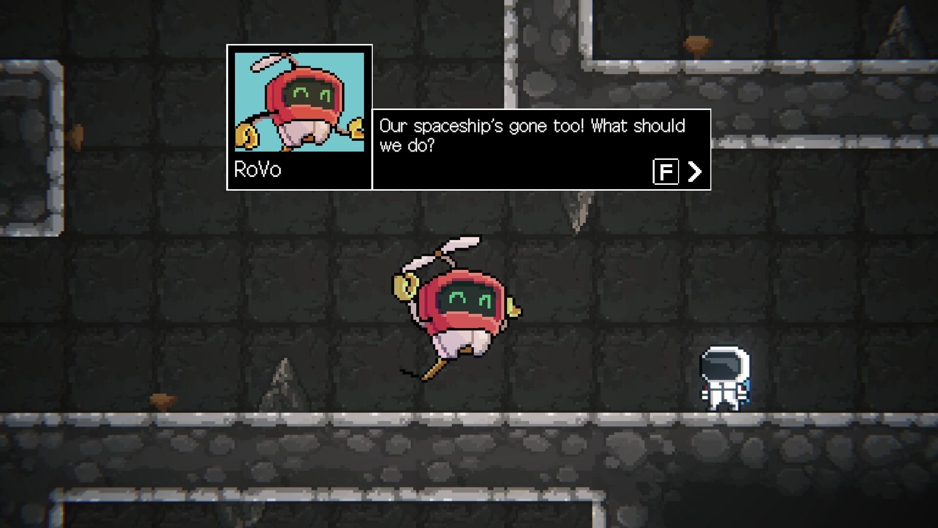 Space Revolver: RoVo dialogue box over astronaut in stone cave corridor, prompt to press F to advance.