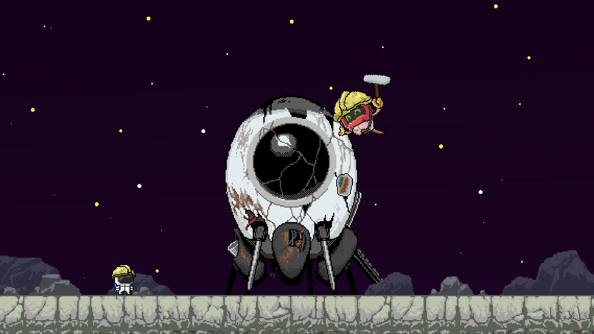 Space Revolver: Astronauts inspect a damaged spaceship on a rocky platform under a starry sky.