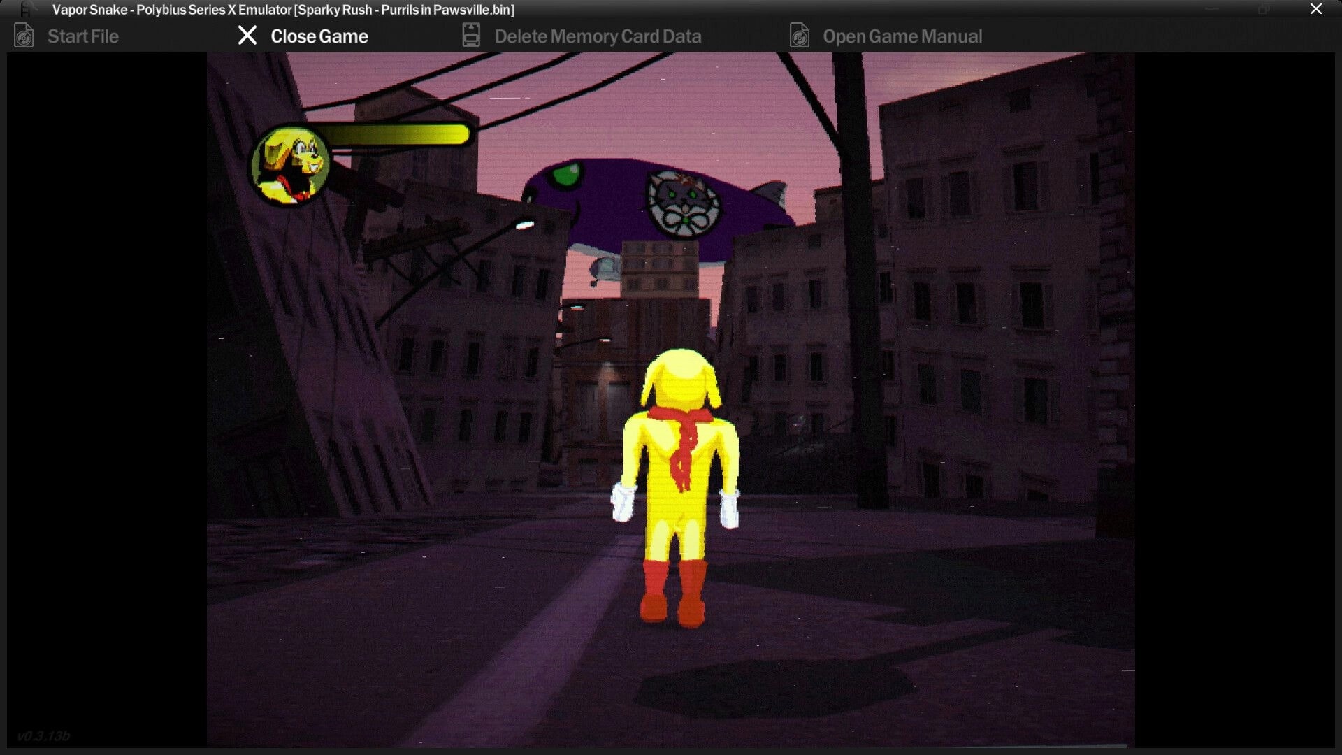 Sparky Rush: Sparky standing in a deserted urban area with a health bar visible in the top left corner.
