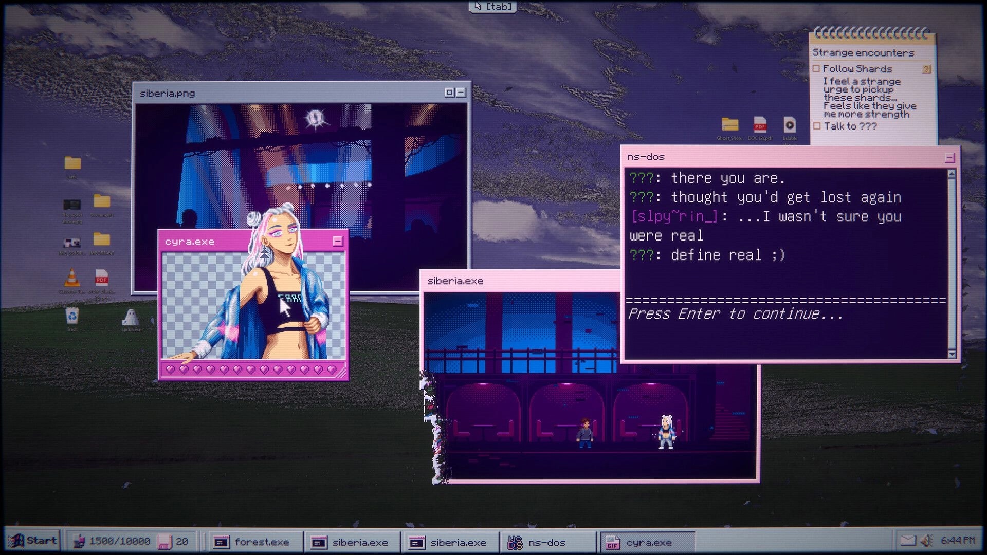 SPRKLS.exe: Desktop with cyra.exe character window, dialogue in ns-dos, and siberia.exe scene open