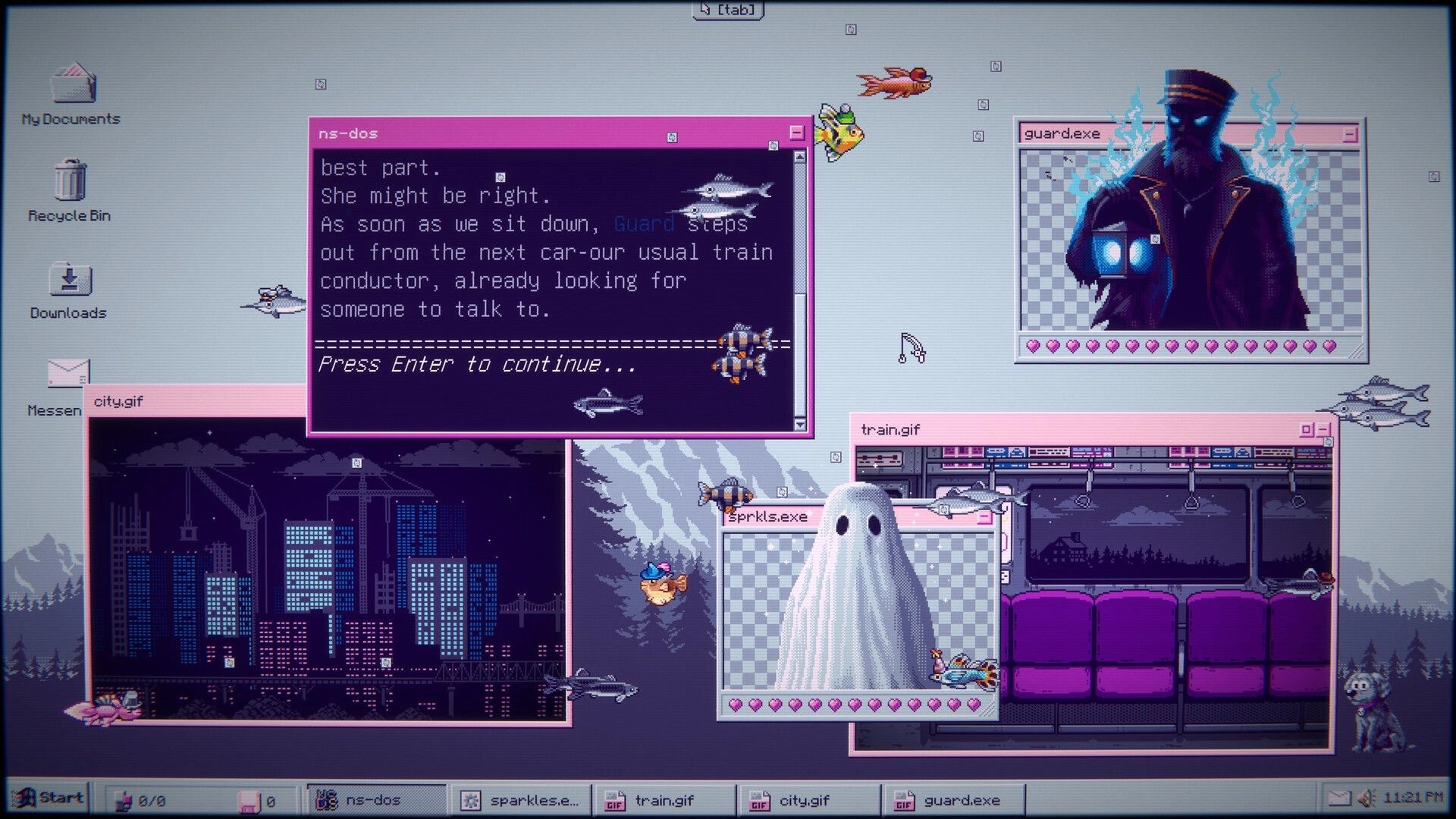 SPRKLS.exe: Desktop with open windows, including ghost character, guard image, and dialogue box.