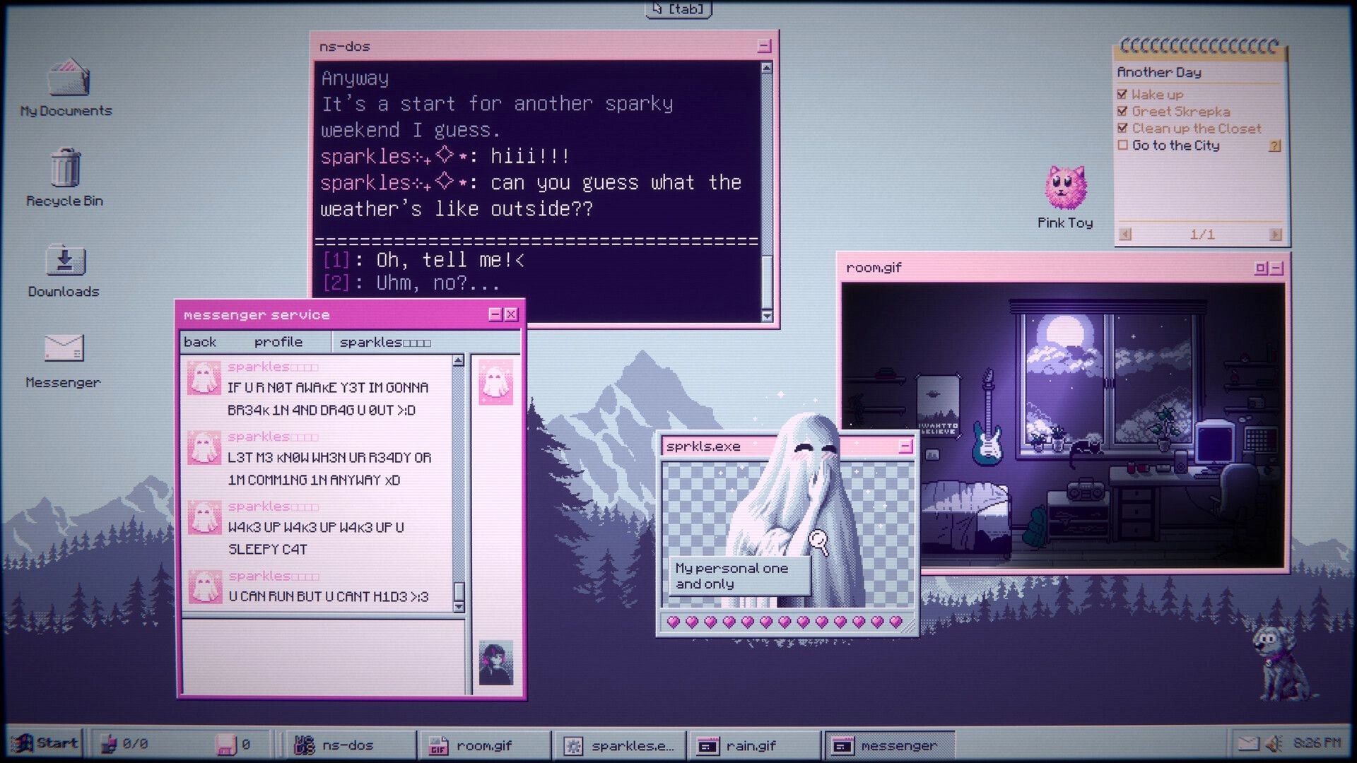 SPRKLS.exe: Ghost character in personal window with desktop icons, chat, and room view in background