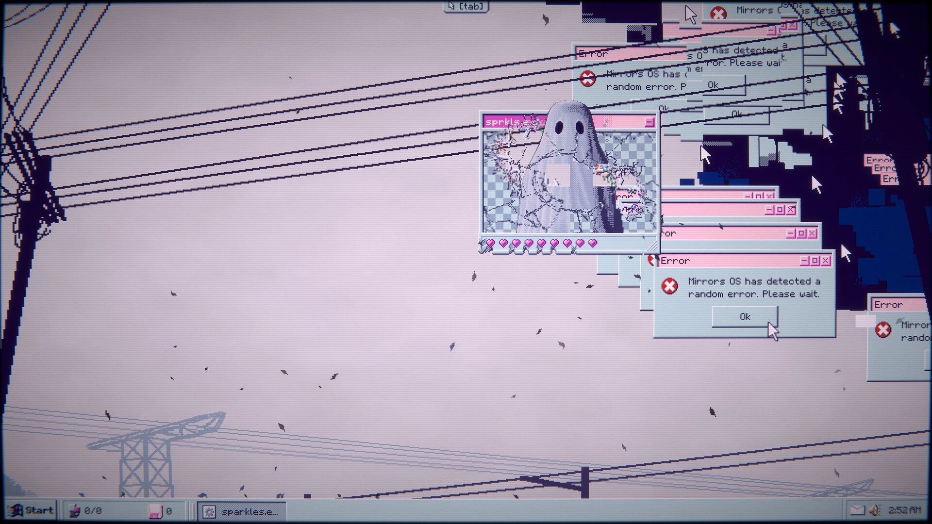SPRKLS.exe: Error windows overlap ghost character on desktop with power lines in the background.