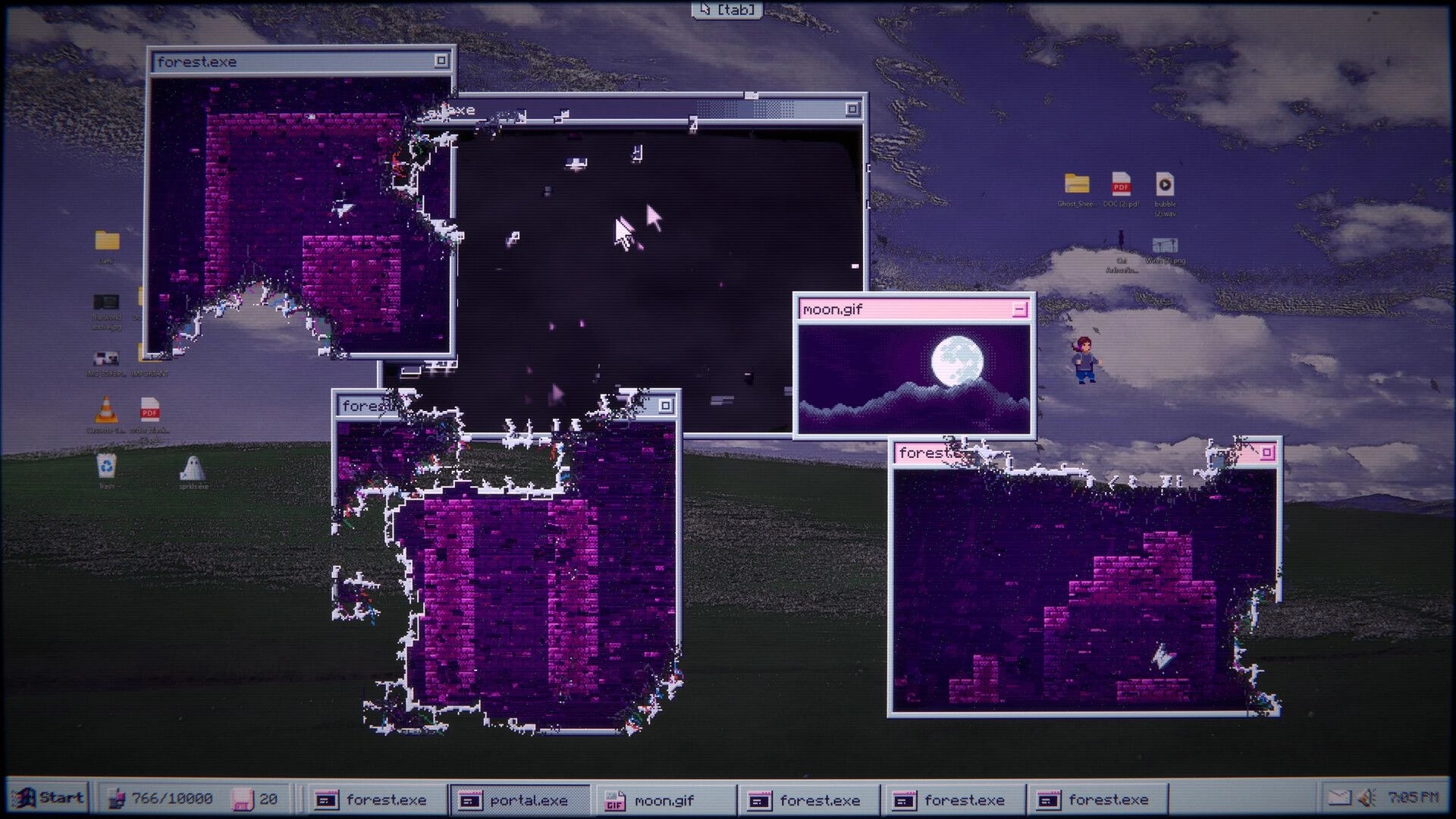SPRKLS.exe: Multiple glitchy windows open on desktop, character floating in sky, moon gif active