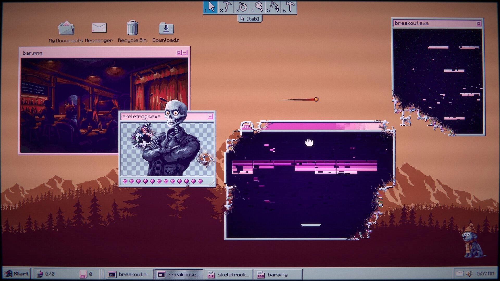 SPRKLS.exe: Desktop with open windows including a bar image, skeletrack.exe character, and glitchy game.