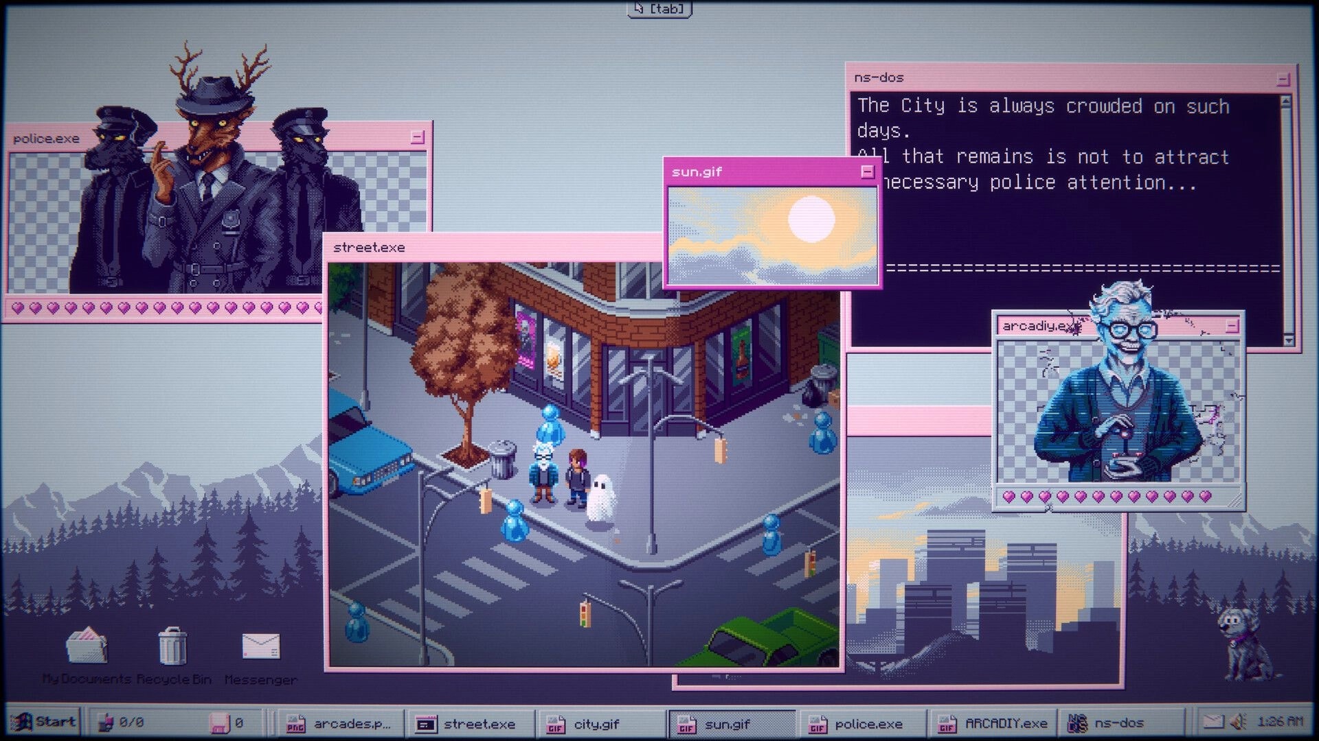 SPRKLS.exe: Desktop with overlapping windows showing pixel art city street, deer officers, and dialogue.