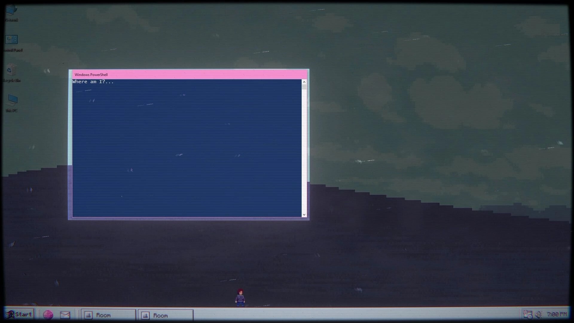 SPRKLS.exe: Character on desktop with blue PowerShell window asking "Where am I?" in dark setting