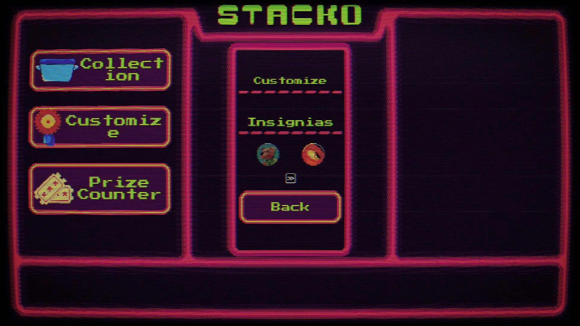 Stacko: Main menu with Collection, Customize, Prize Counter buttons and insignias panel in neon UI.