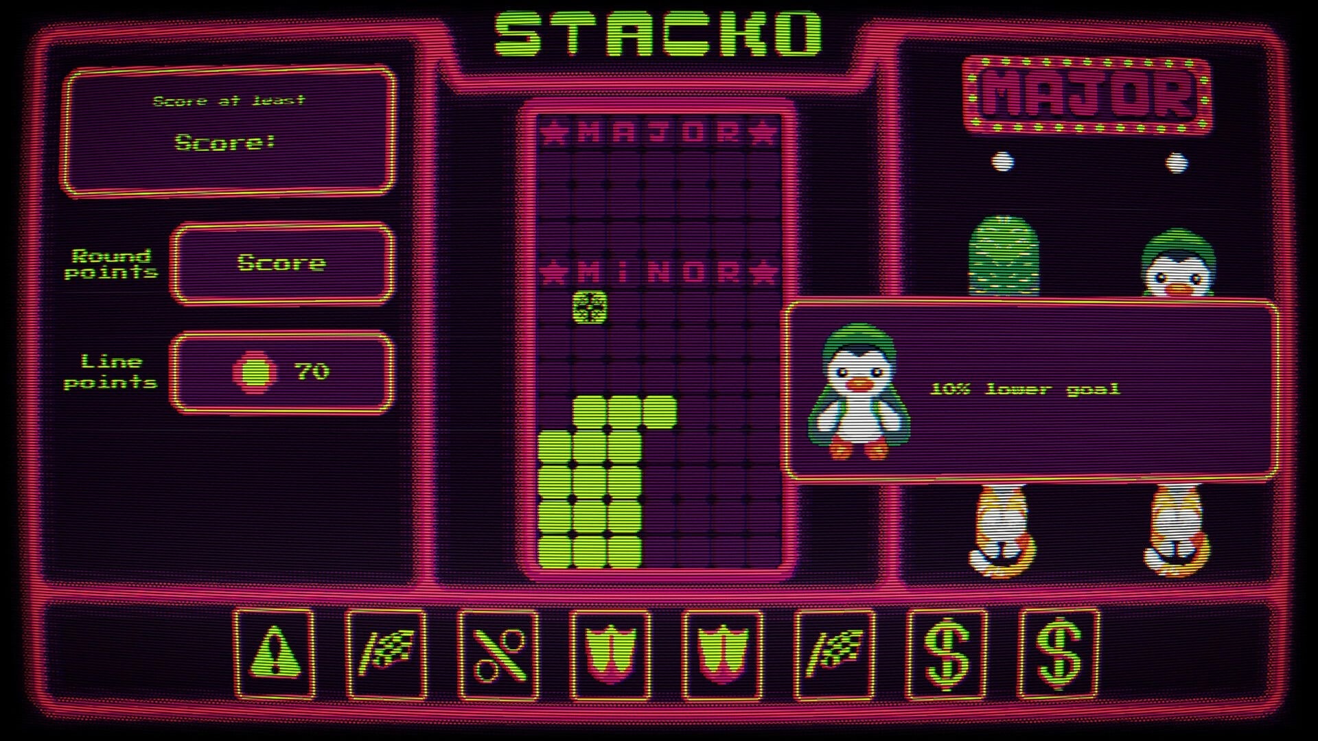 Stacko: Block-stacking grid with score panel and penguin popup saying 10% lower goal in neon arcade UI.