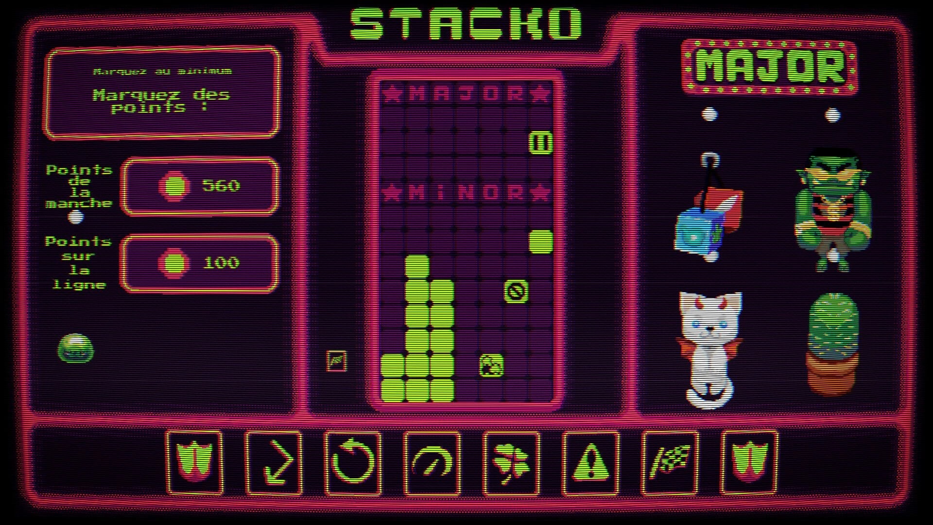 Stacko: Block-stacking board with score panels and plushie rewards shown in neon arcade UI.