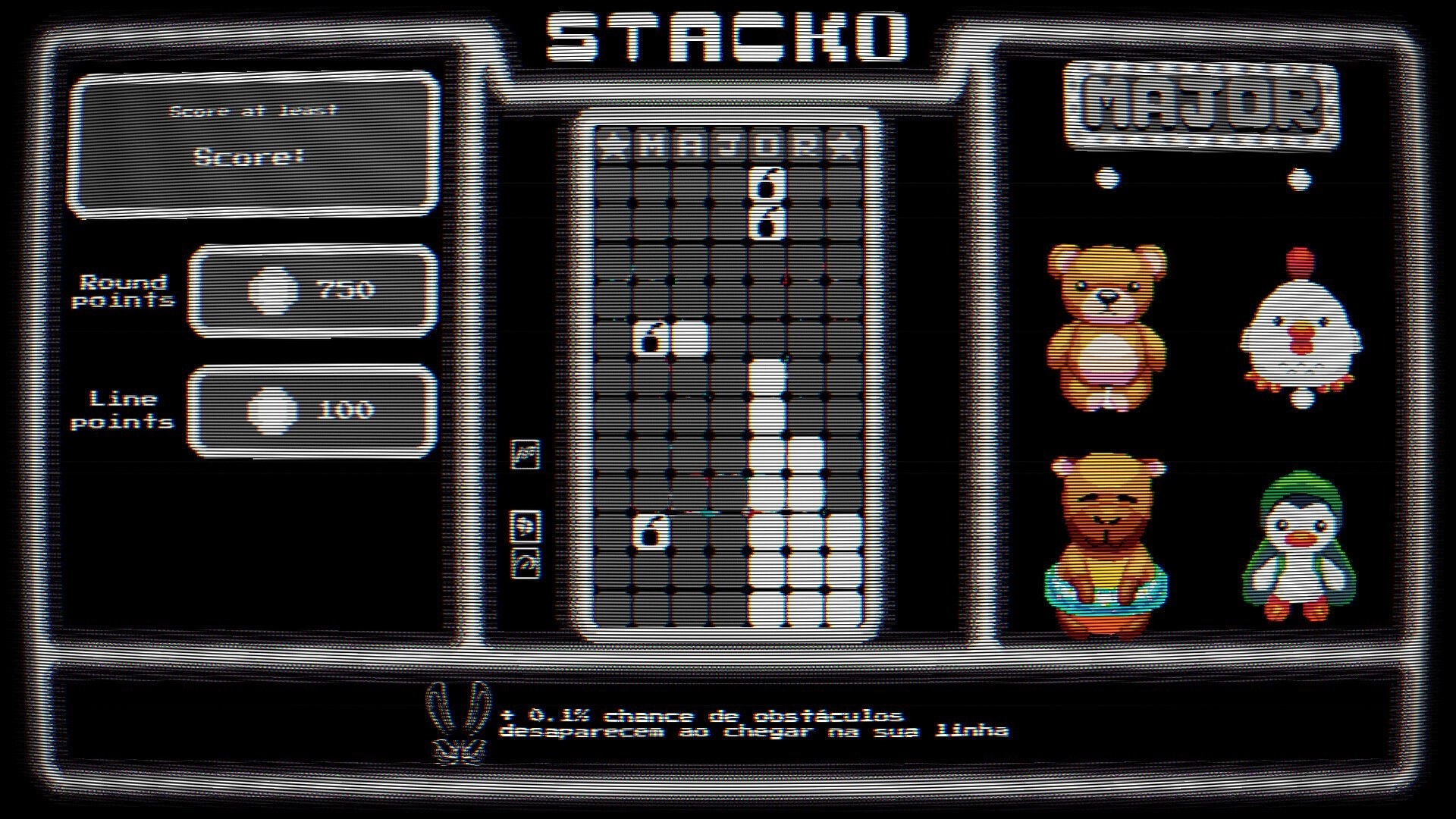 Stacko: Block-stacking grid with score panels and plushie reward icons in a retro arcade UI.