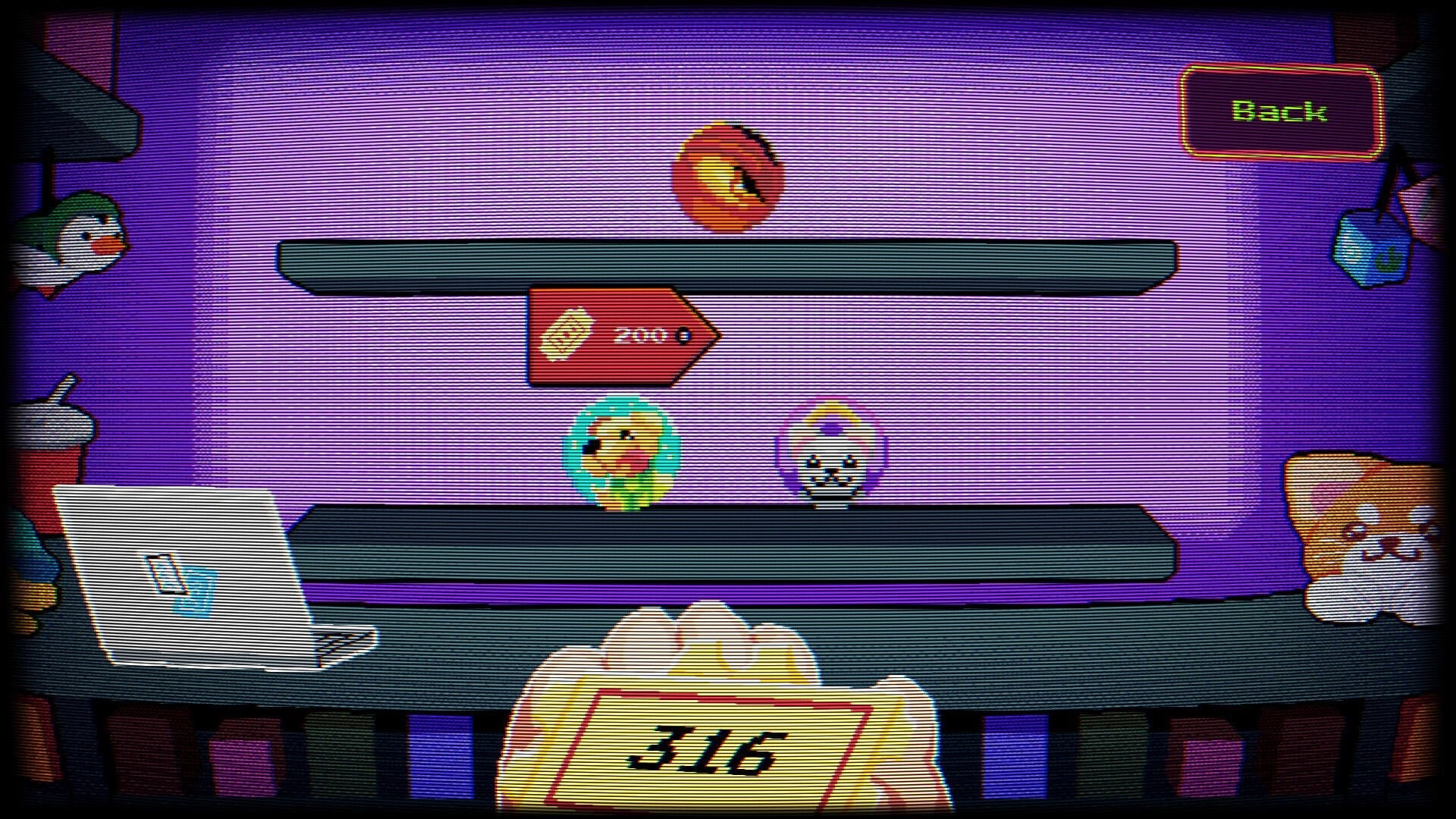 Stacko: Prize shop menu with plushie icons, 200 ticket tag, and Back button on purple shelves.
