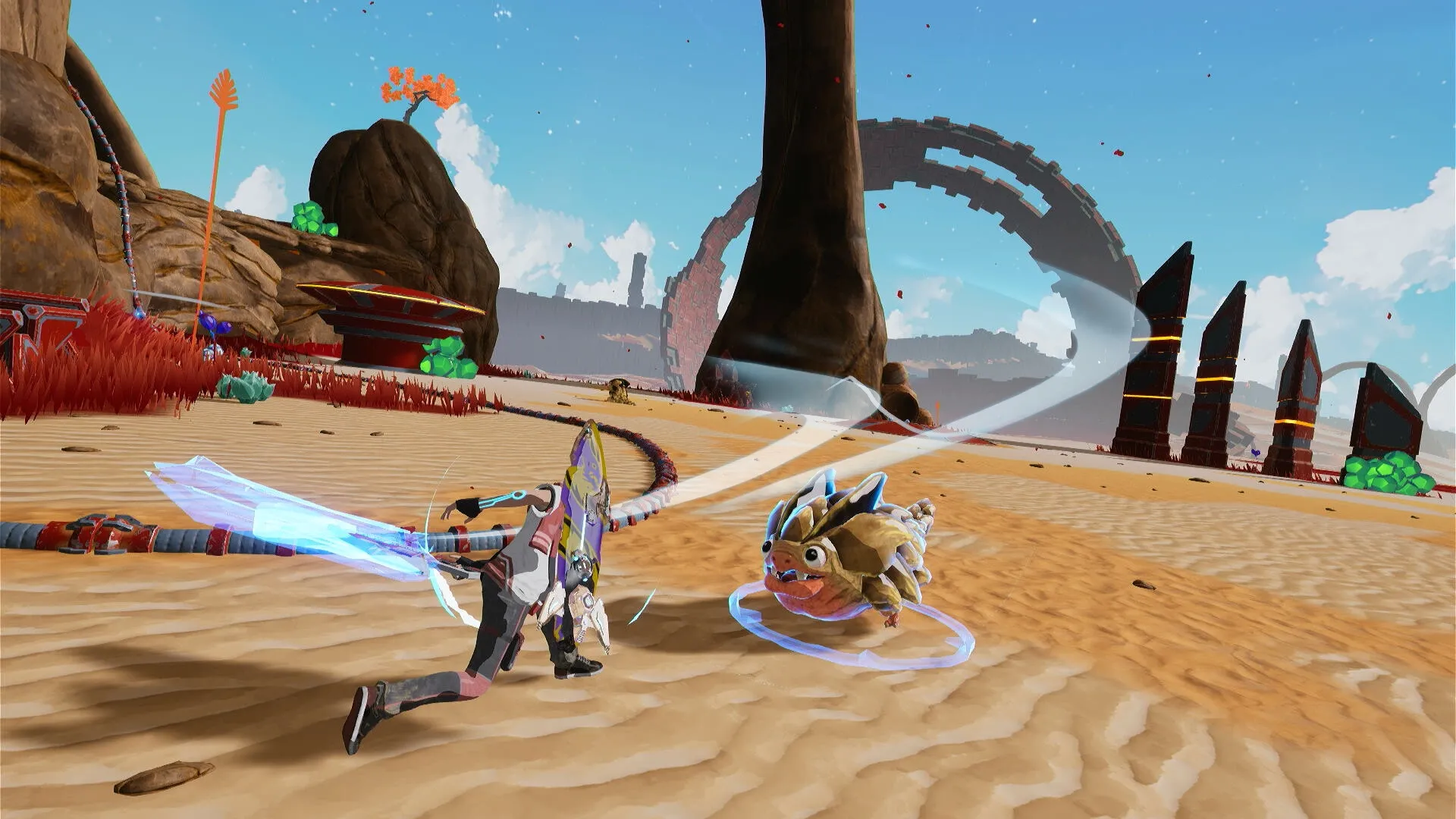 Star Overdrive: Player attacks alien creature with energy sword in sandy desert with rock formations