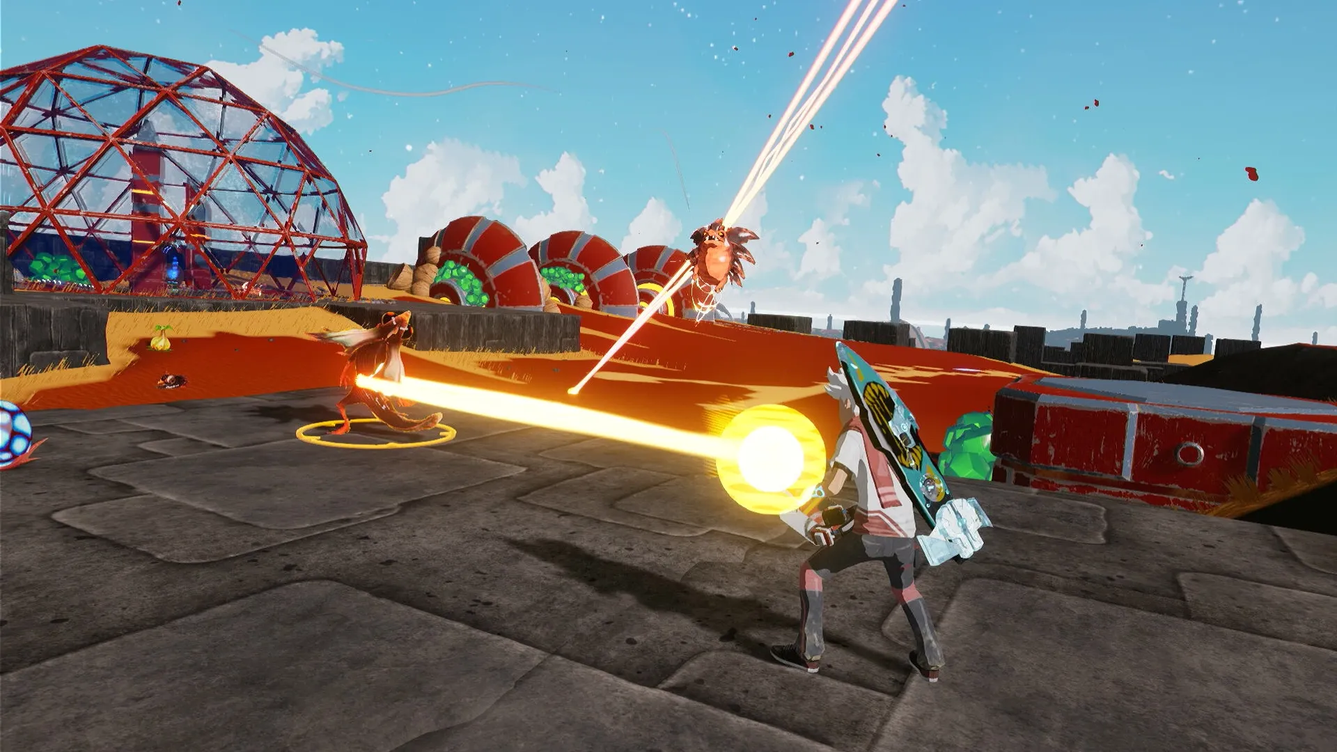 Star Overdrive: Player battles alien creature with energy weapon near red-domed structure on rocky terrain