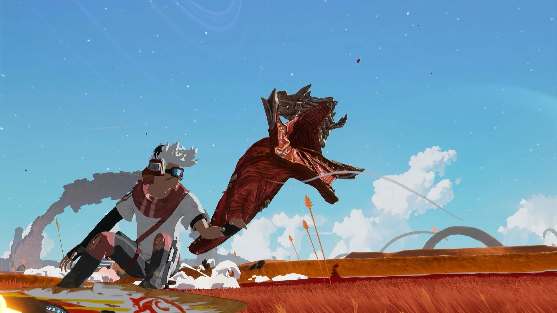 Star Overdrive: Character on hoverboard facing a large alien creature in a vibrant red grass field
