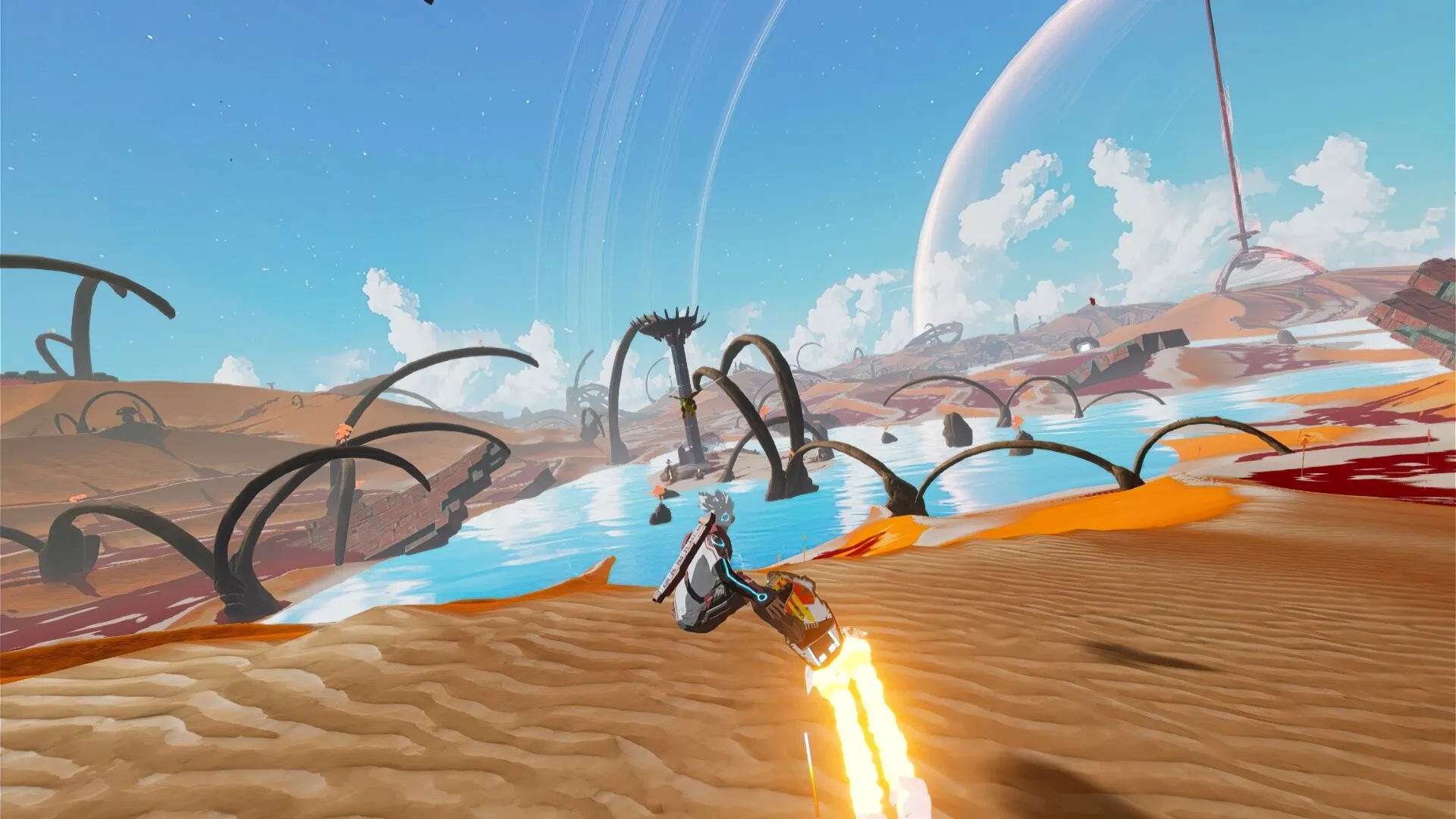 Star Overdrive: Player on hoverboard soaring over sandy dunes with alien structures in desert landscape.